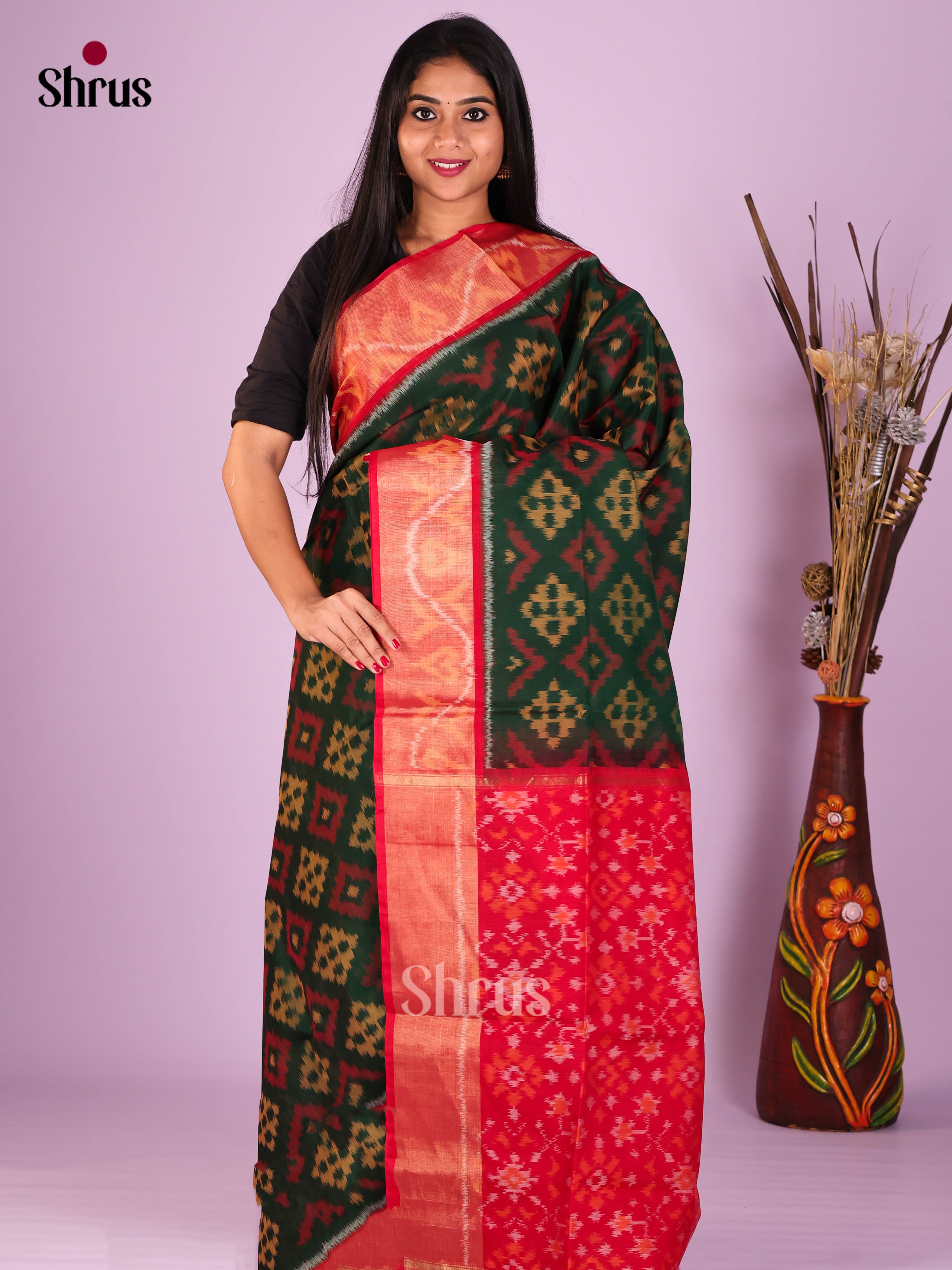 Dark Green & Red- Pochampally sico Saree - Shop on Shrus.com