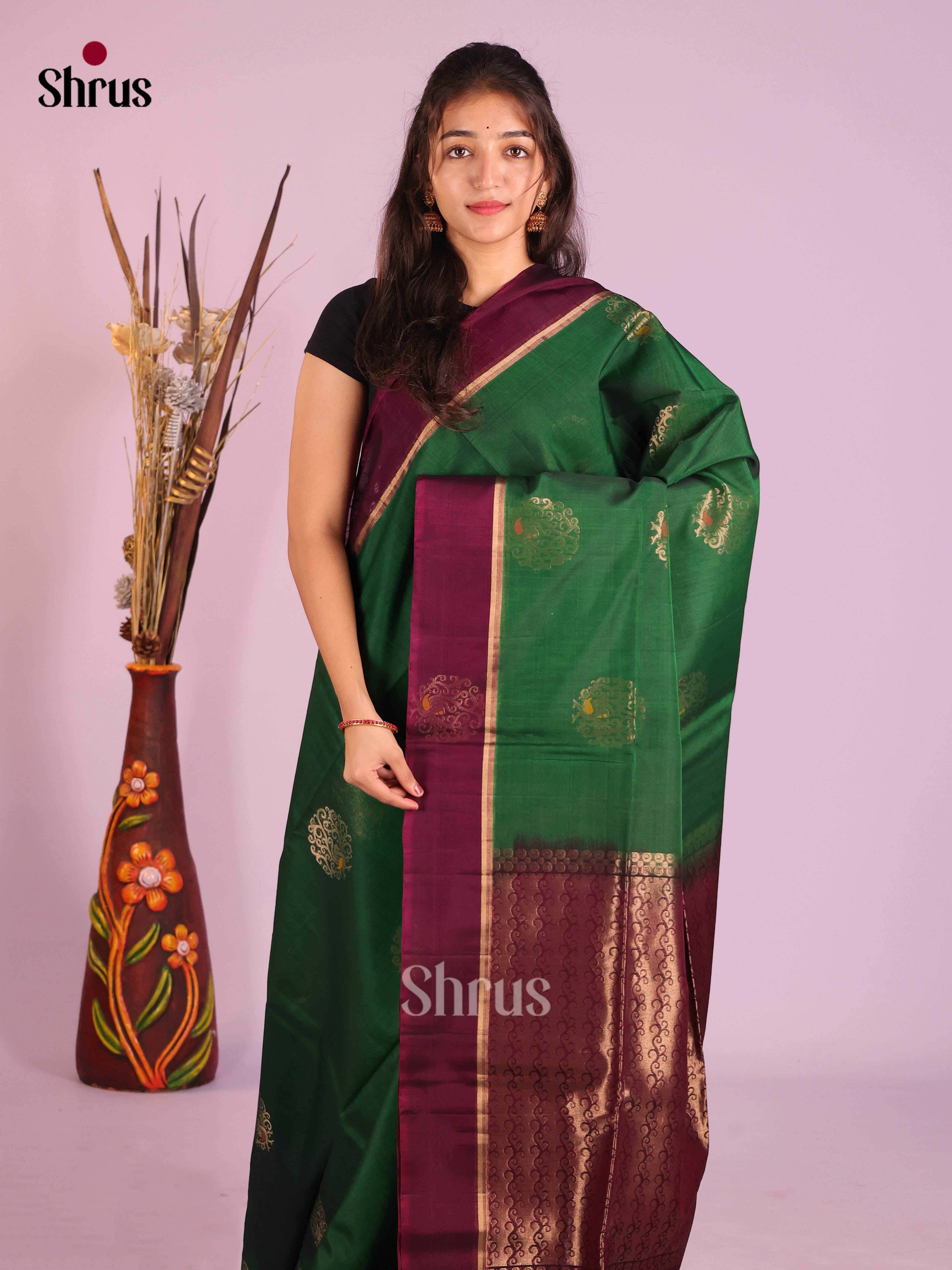 Green & Maroon - Timeless Silk Cotton Saree - Shop on Shrus.com