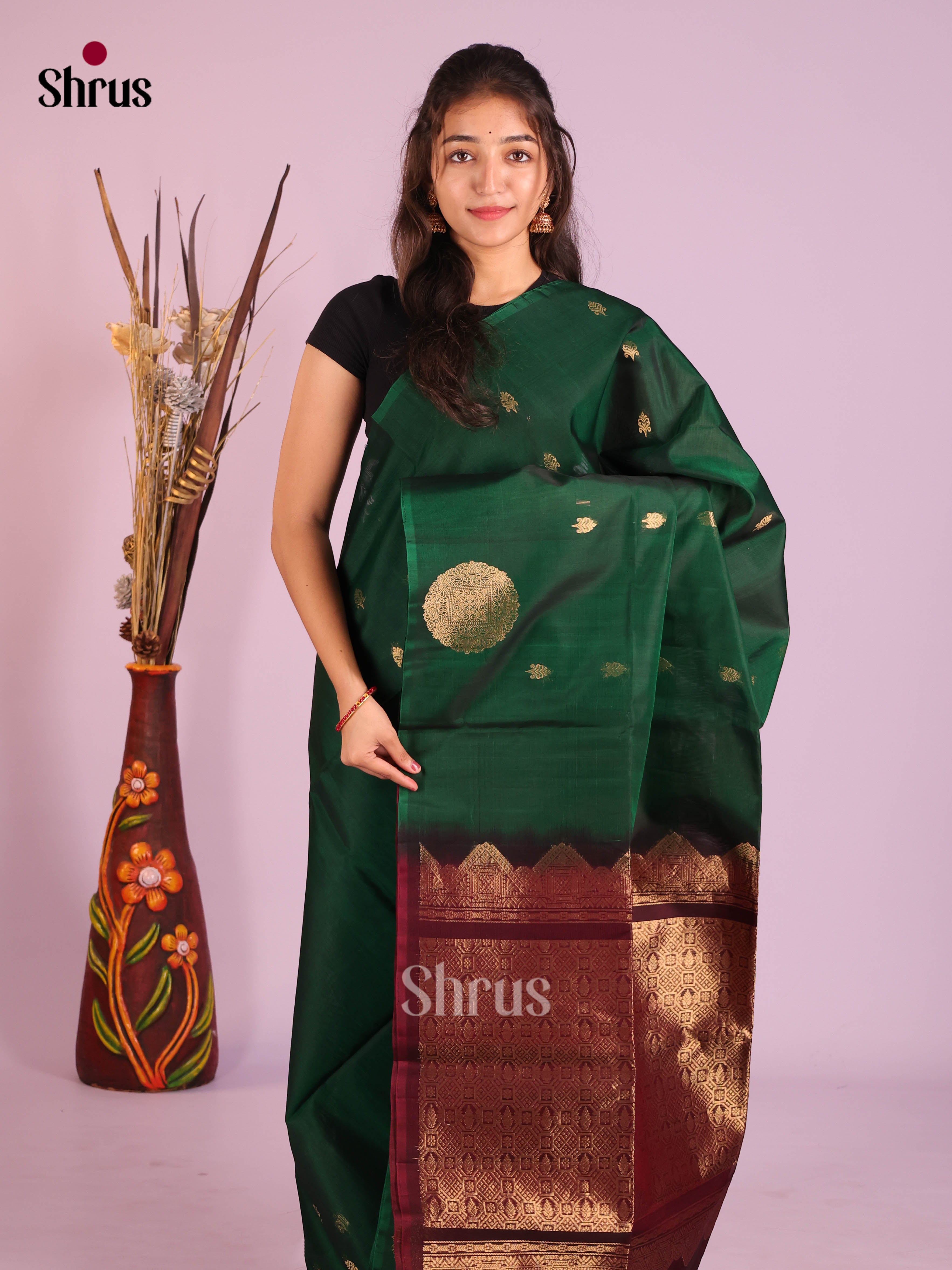 Green & Maroon -Timeless Silk Cotton Saree - Shop on Shrus.com
