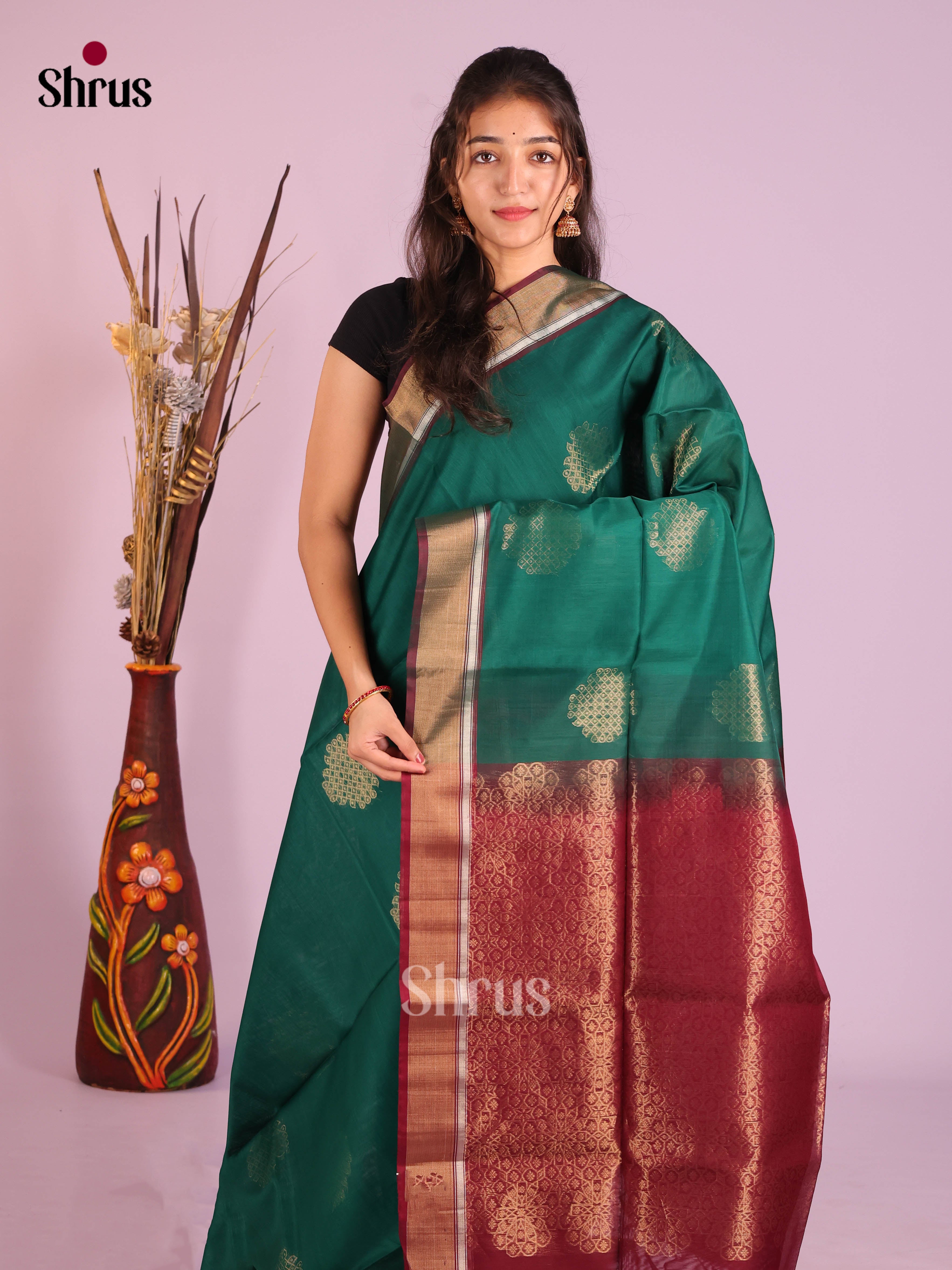 Green & Maroon-Timeless Silk Cotton Saree - Shop on Shrus.com