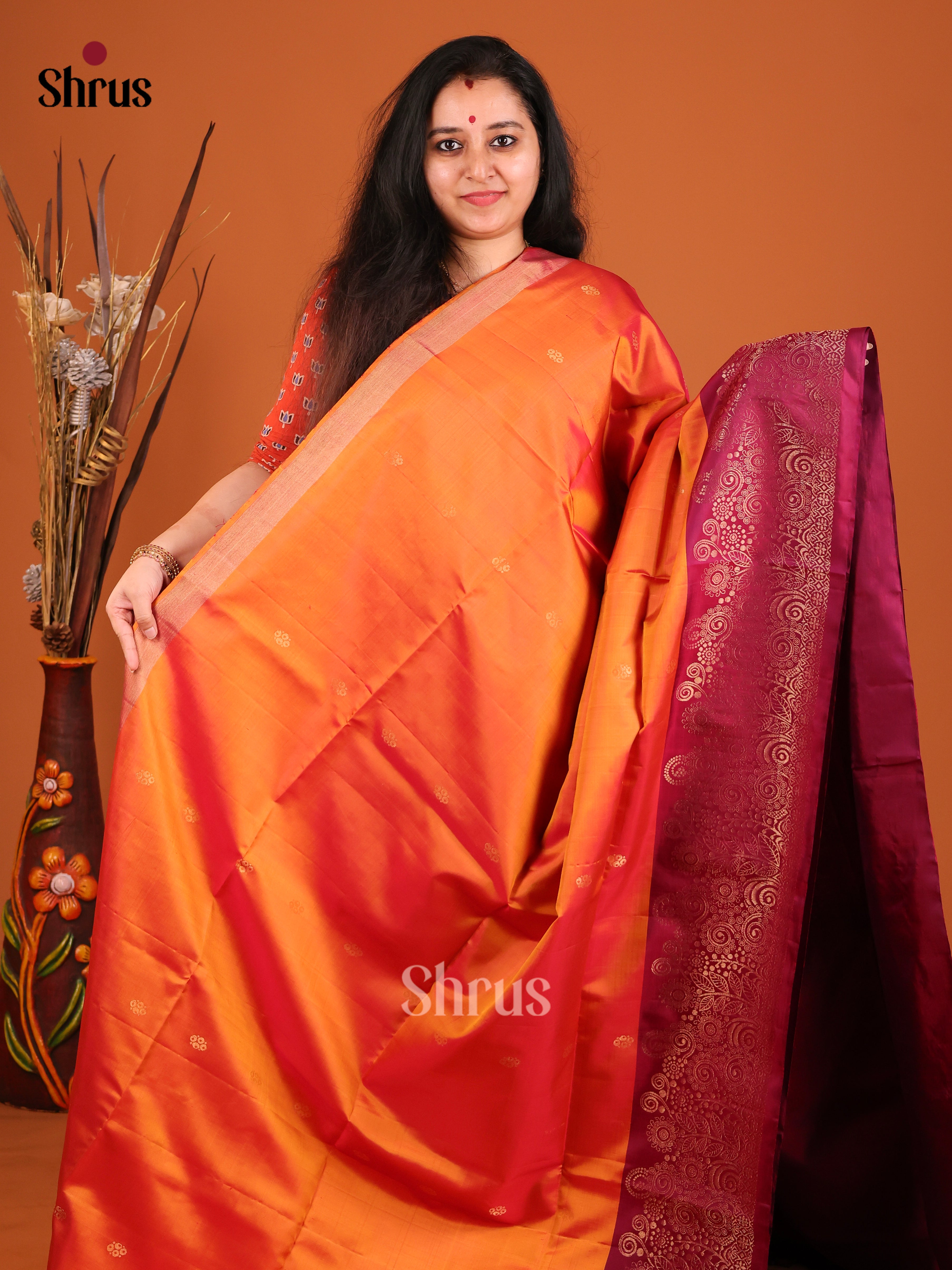 Radiant Orange Soft Silk Saree with gold floral buttas & MAroon Brocade Pallu 1