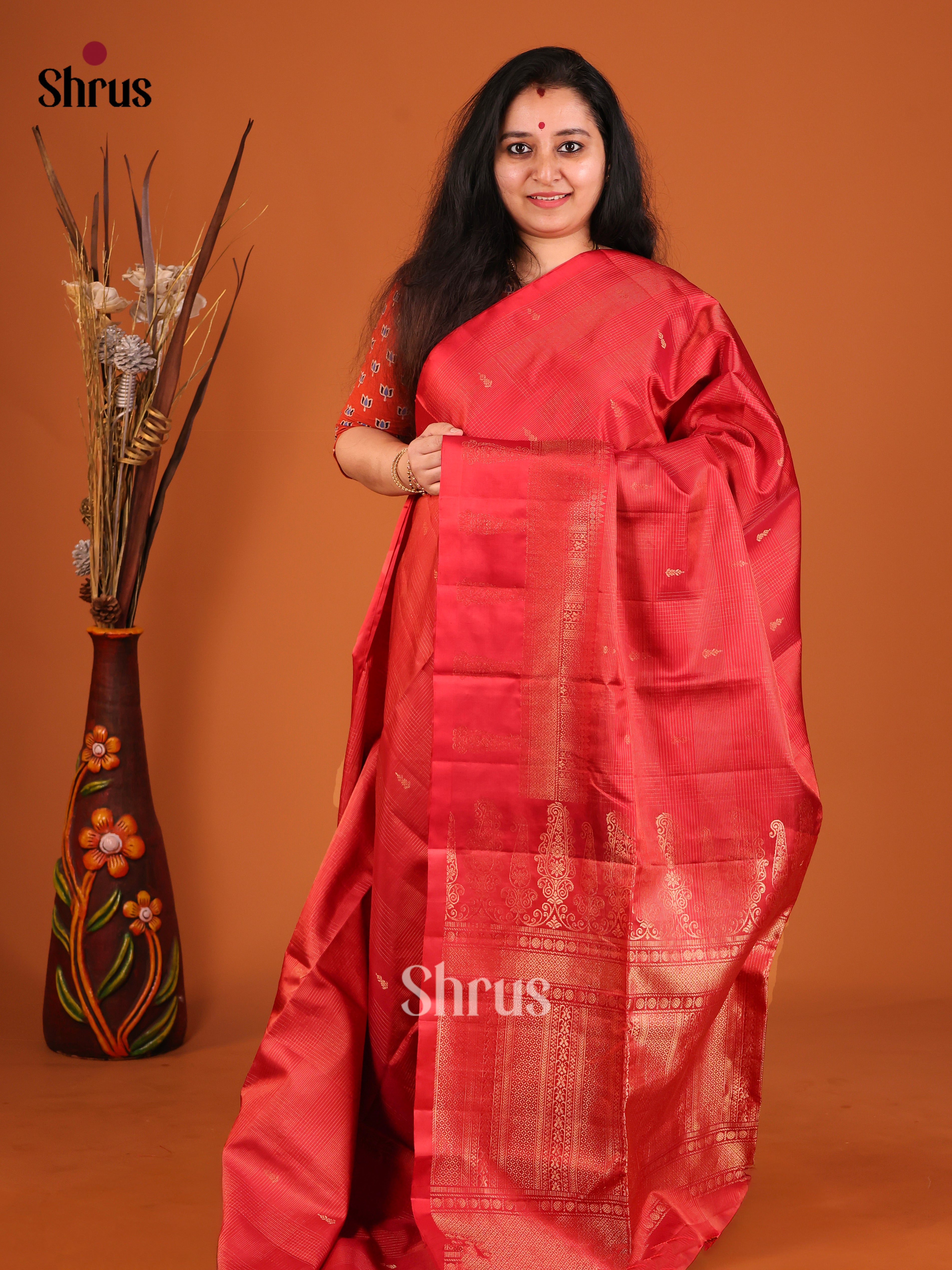 Classic Red Soft Silk Saree with Intricate zari kattam, buttas & Brocade Pallu