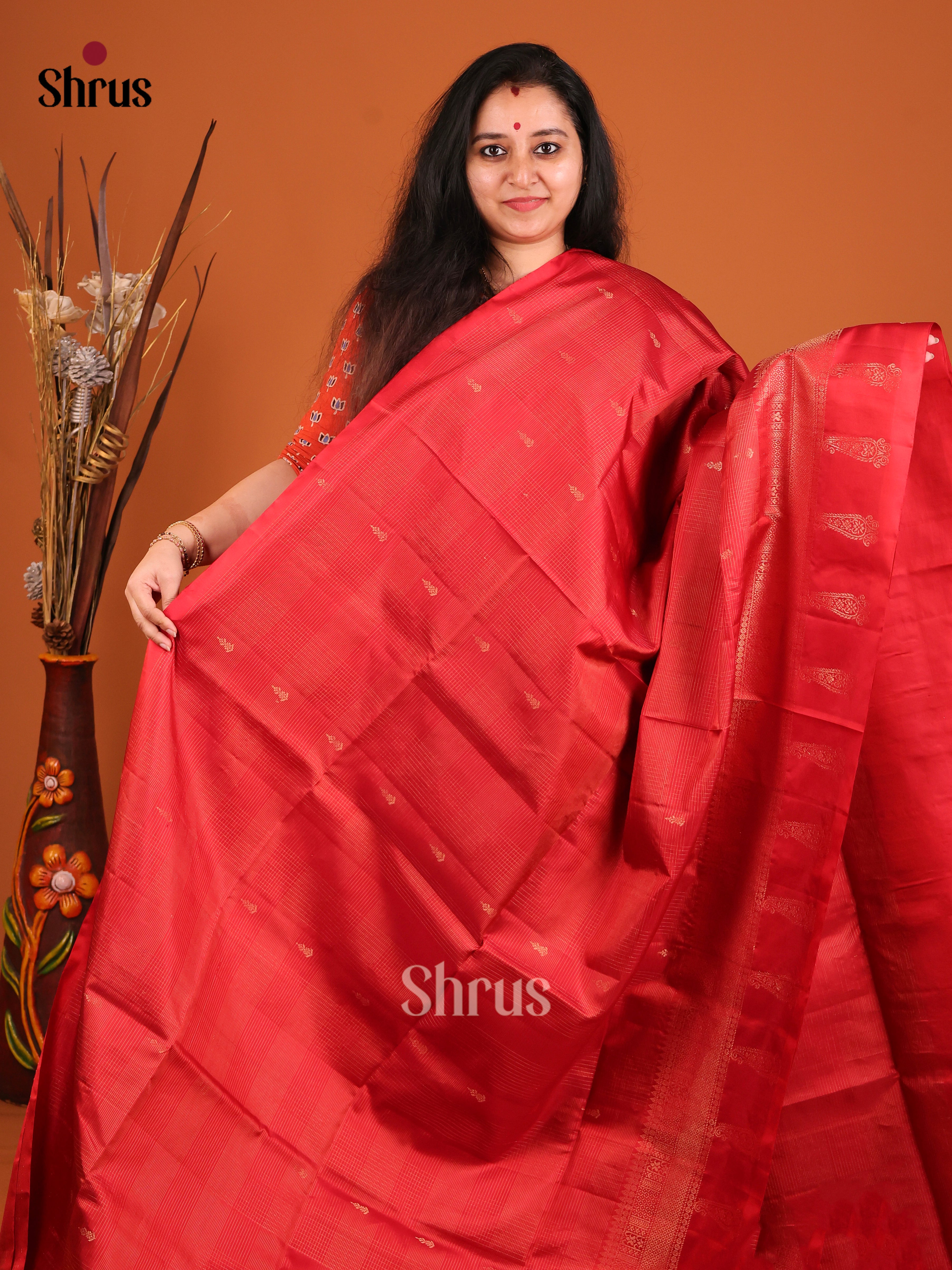 Classic Red Soft Silk Saree with Intricate zari kattam, buttas & Brocade Pallu 1