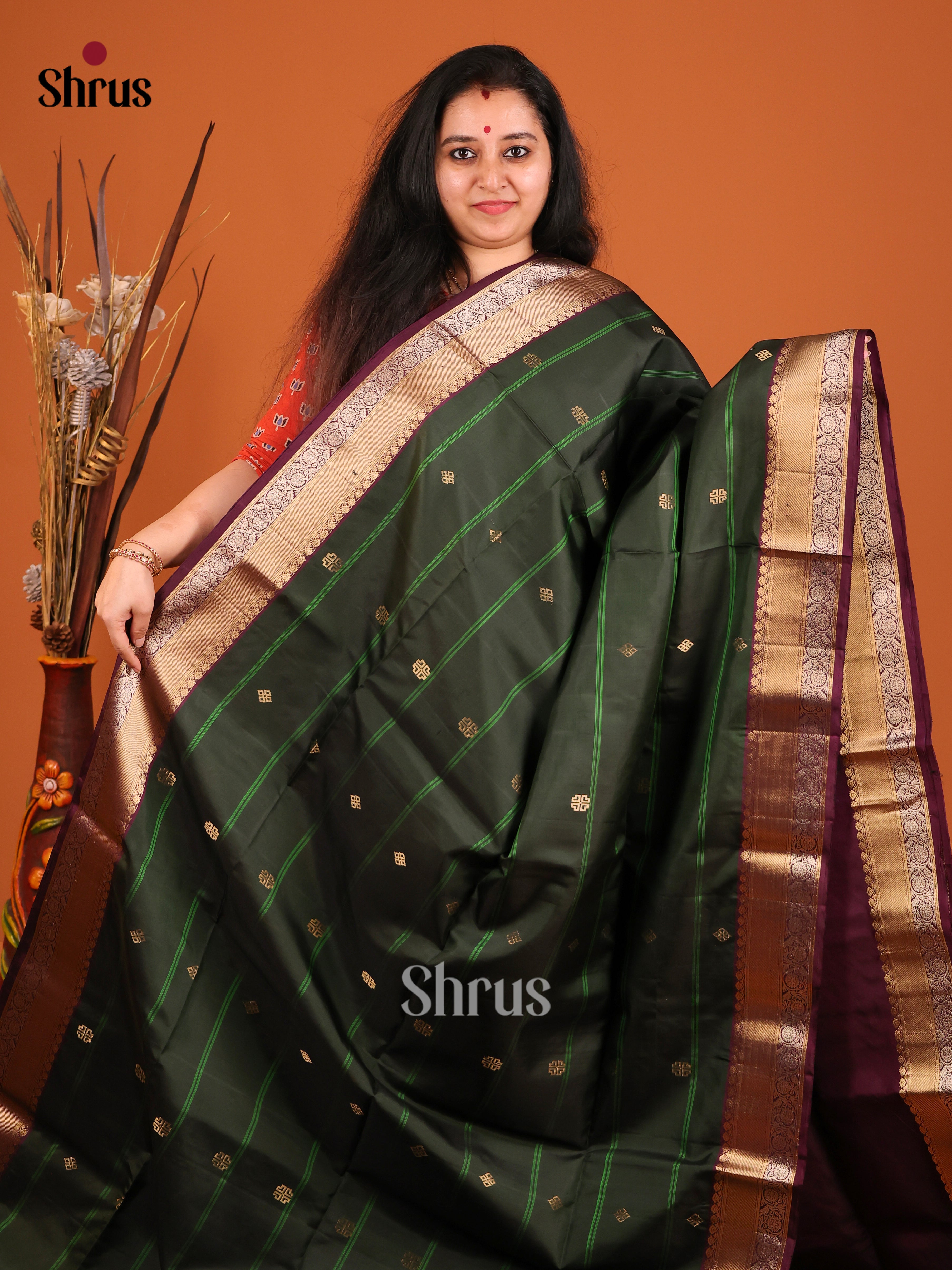 Opulent Green Soft Silk Saree with gold zari buttas, stripes & Maroon Brocade Pallu 1