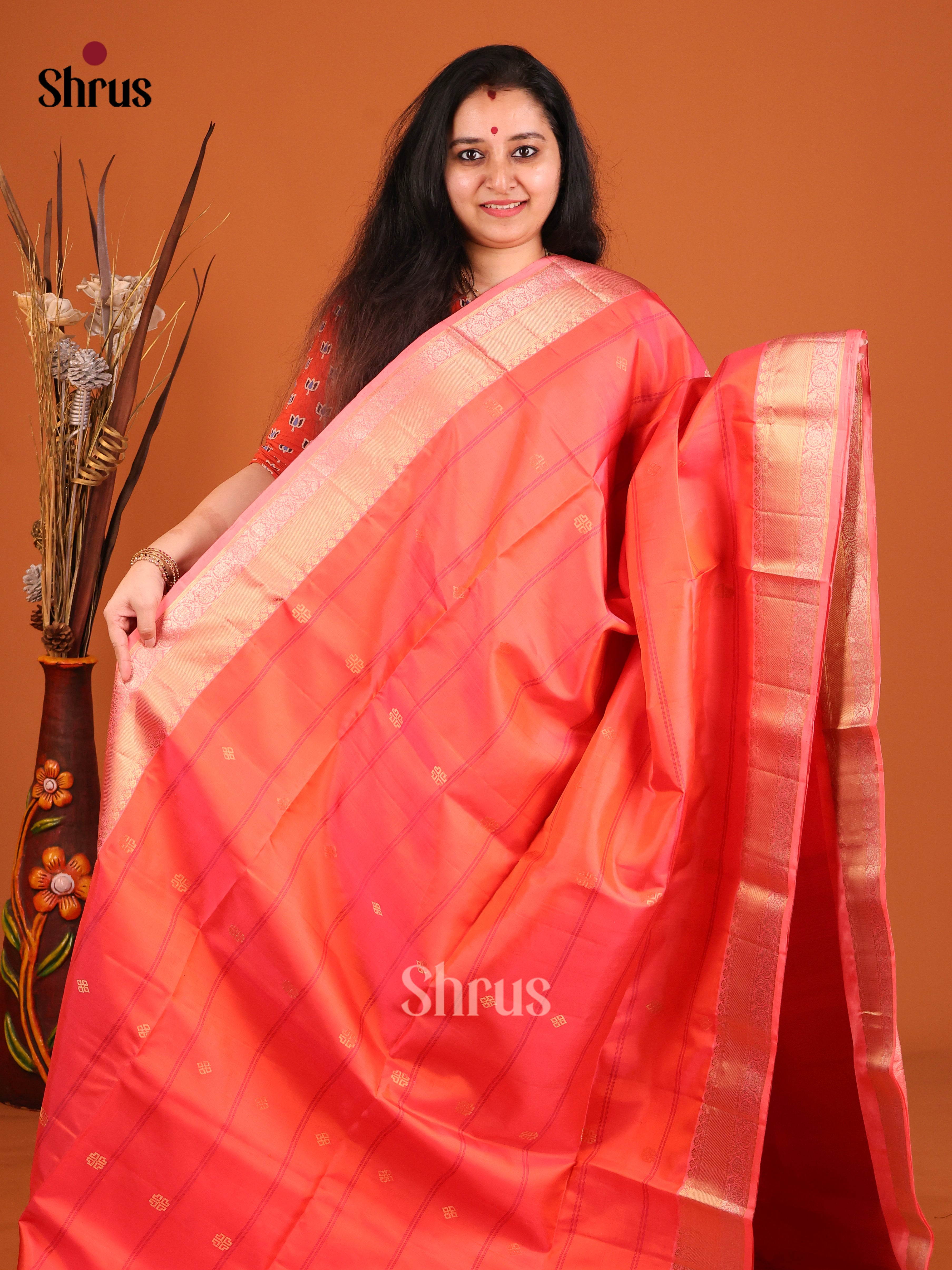 Pretty Orangish Pink Soft Silk Saree with stripes, Buttas & Brocade Pallu 1
