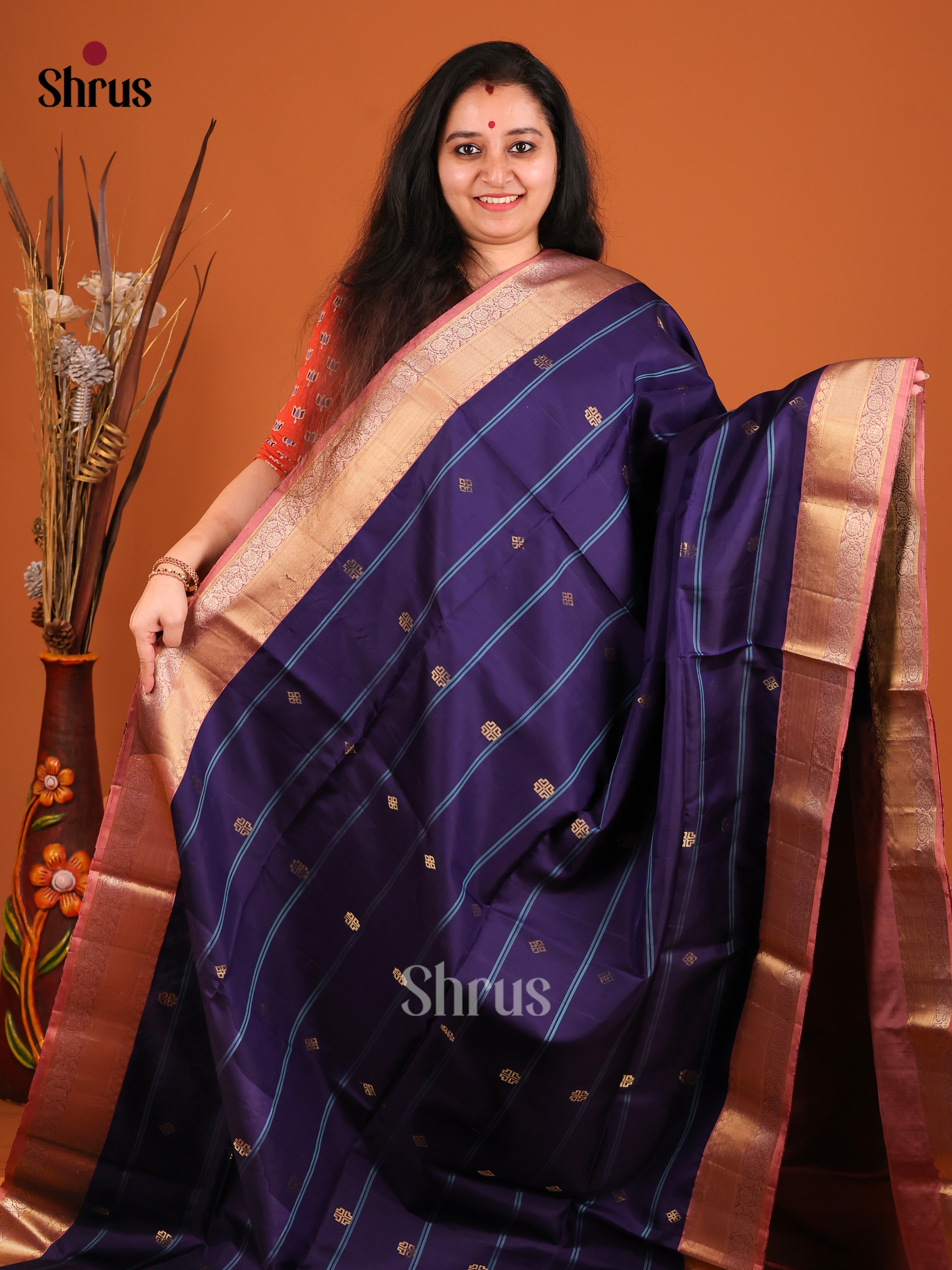 Serene Blue Soft Silk Saree with Stripes, Gold Buttas & Onion Peel Brocade Pallu 1
