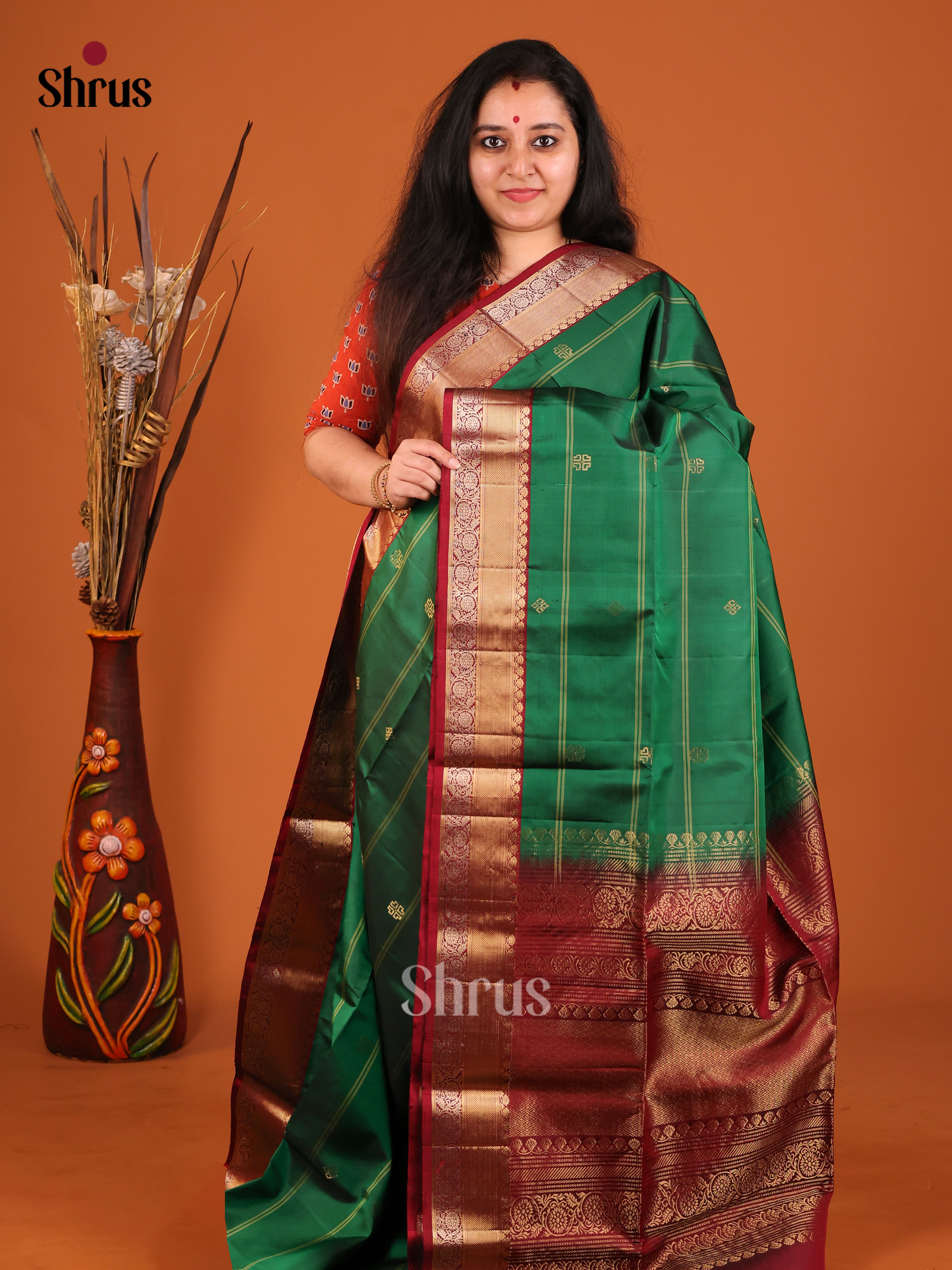 Radiant Green & Maroon Soft Silk Saree with gold zari buttas , stripes - Shop on Shrus.com