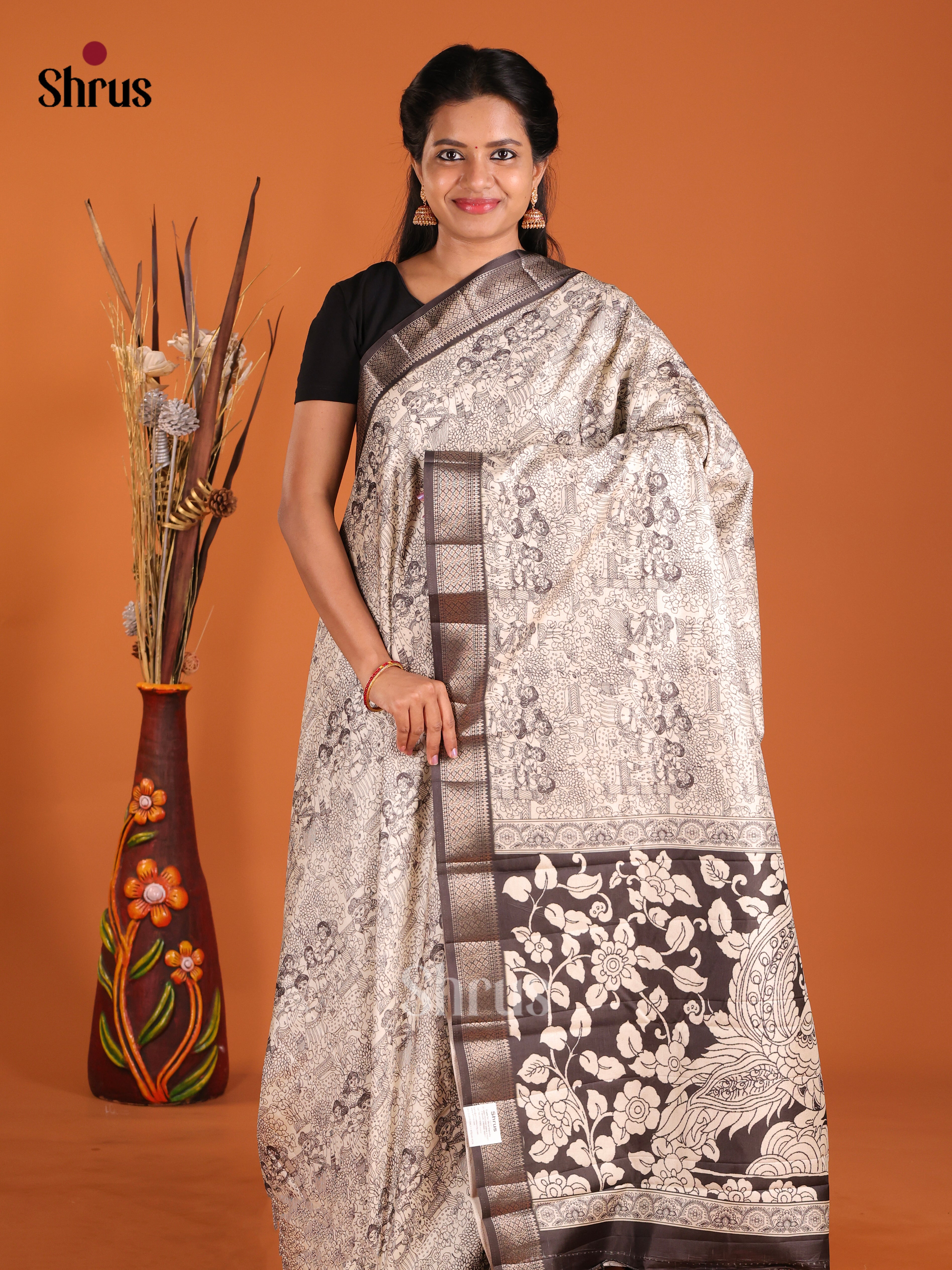 Cream & Black- Semi Tussar Saree