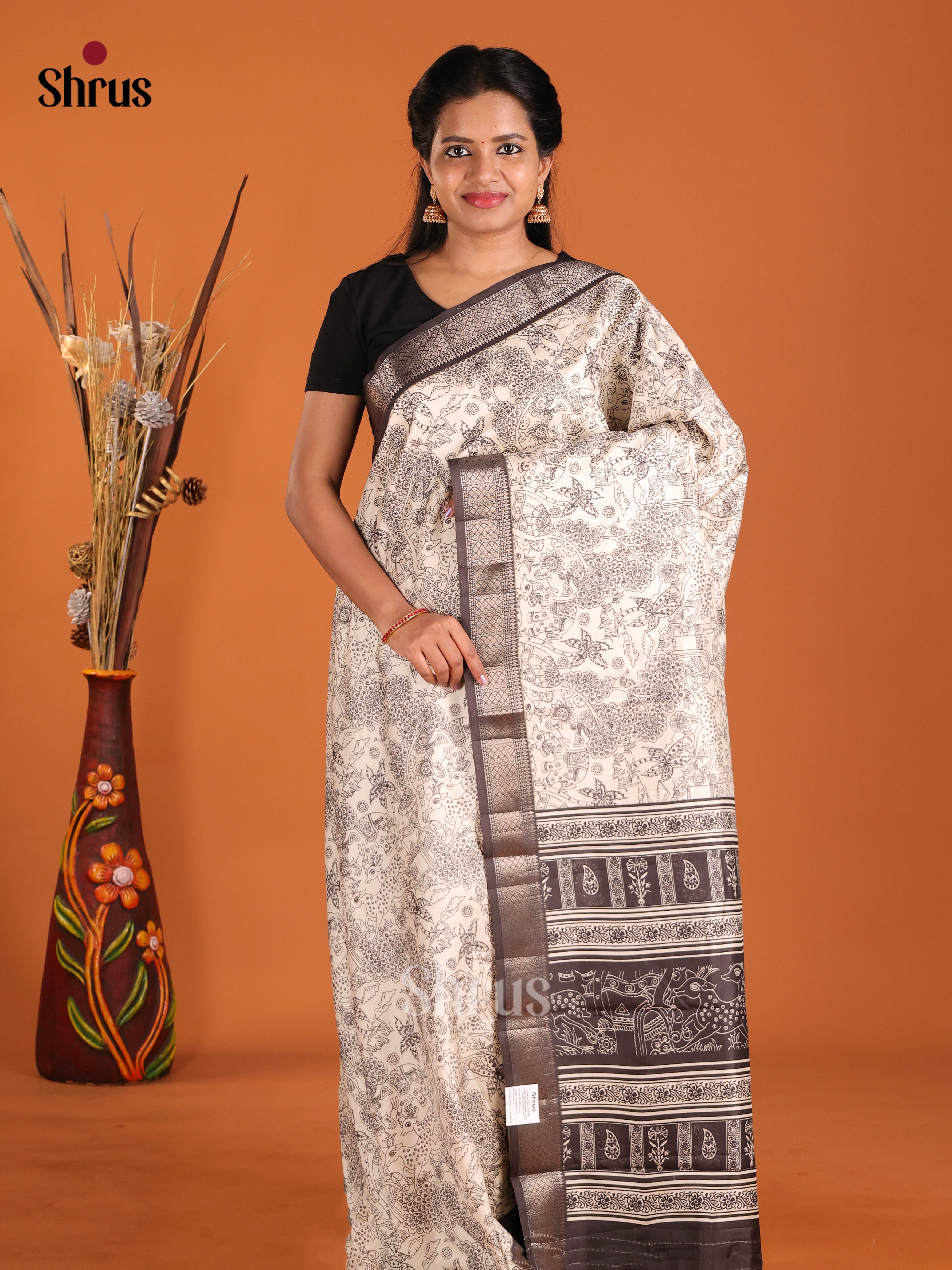 Cream & Black - Semi Tussar Saree