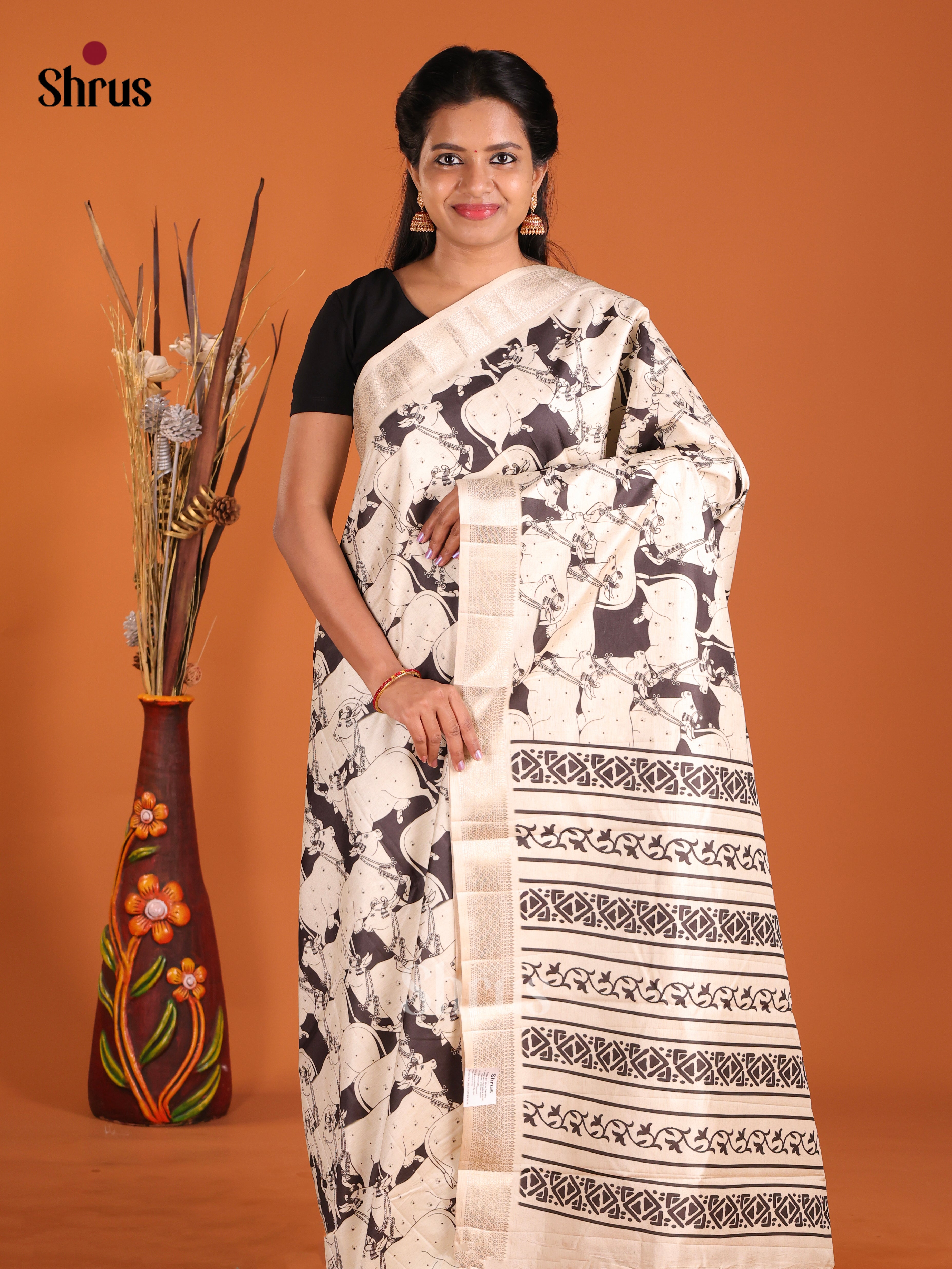 Cream & Black- Semi Tussar Saree