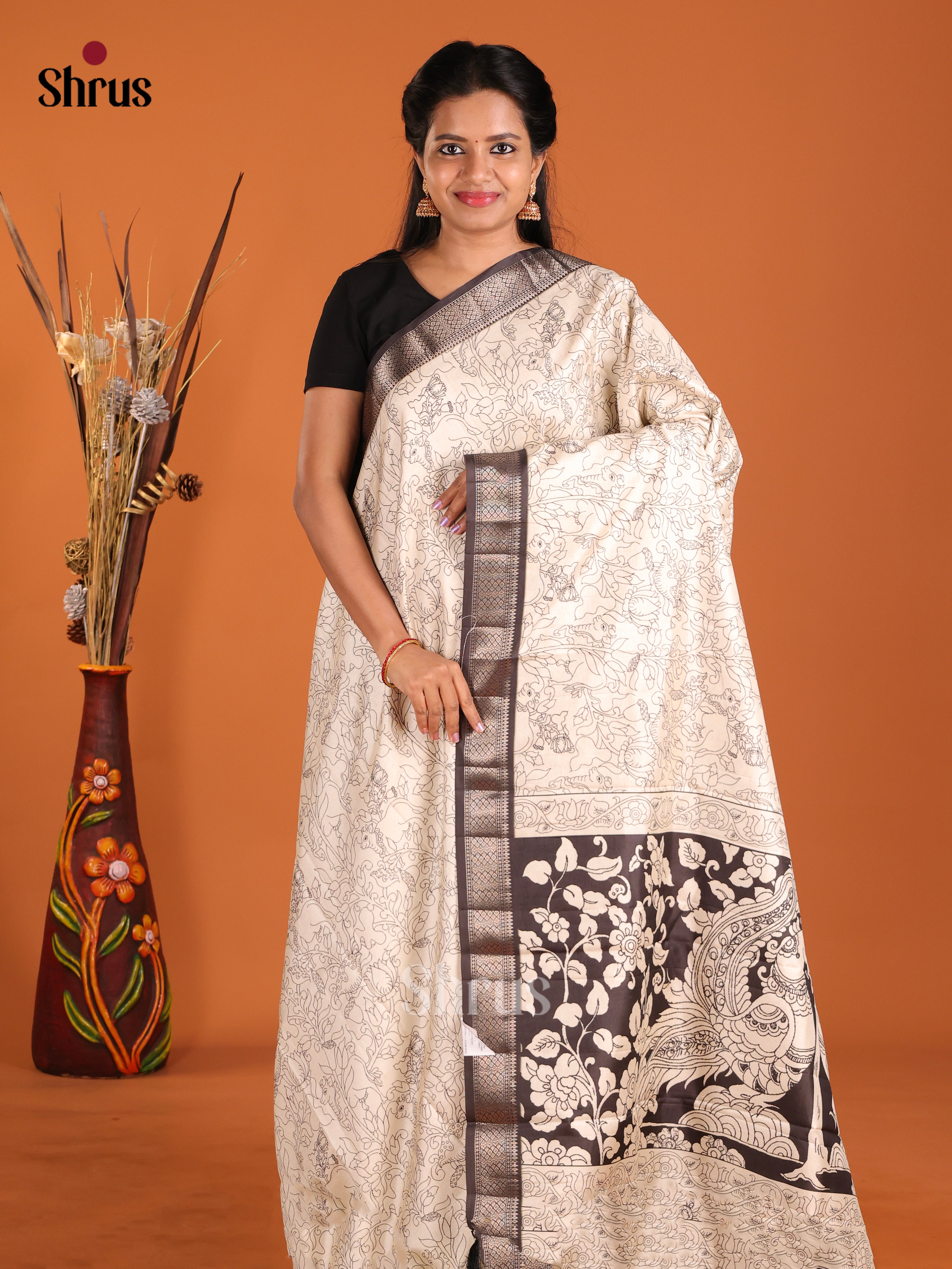 Cream & Black - Semi Tussar Saree