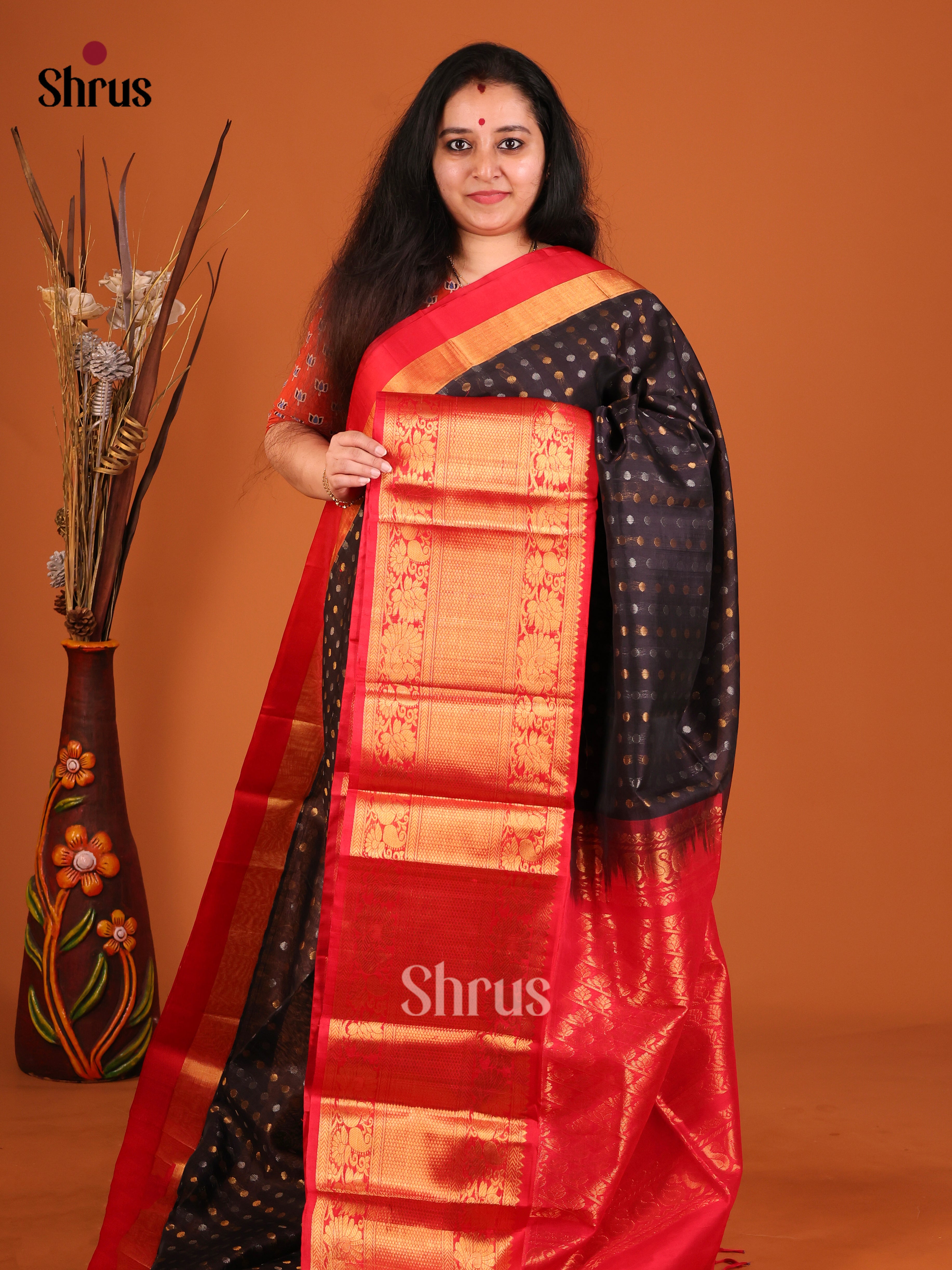 Black & Red - Silk Cotton Korvai-Big border Saree