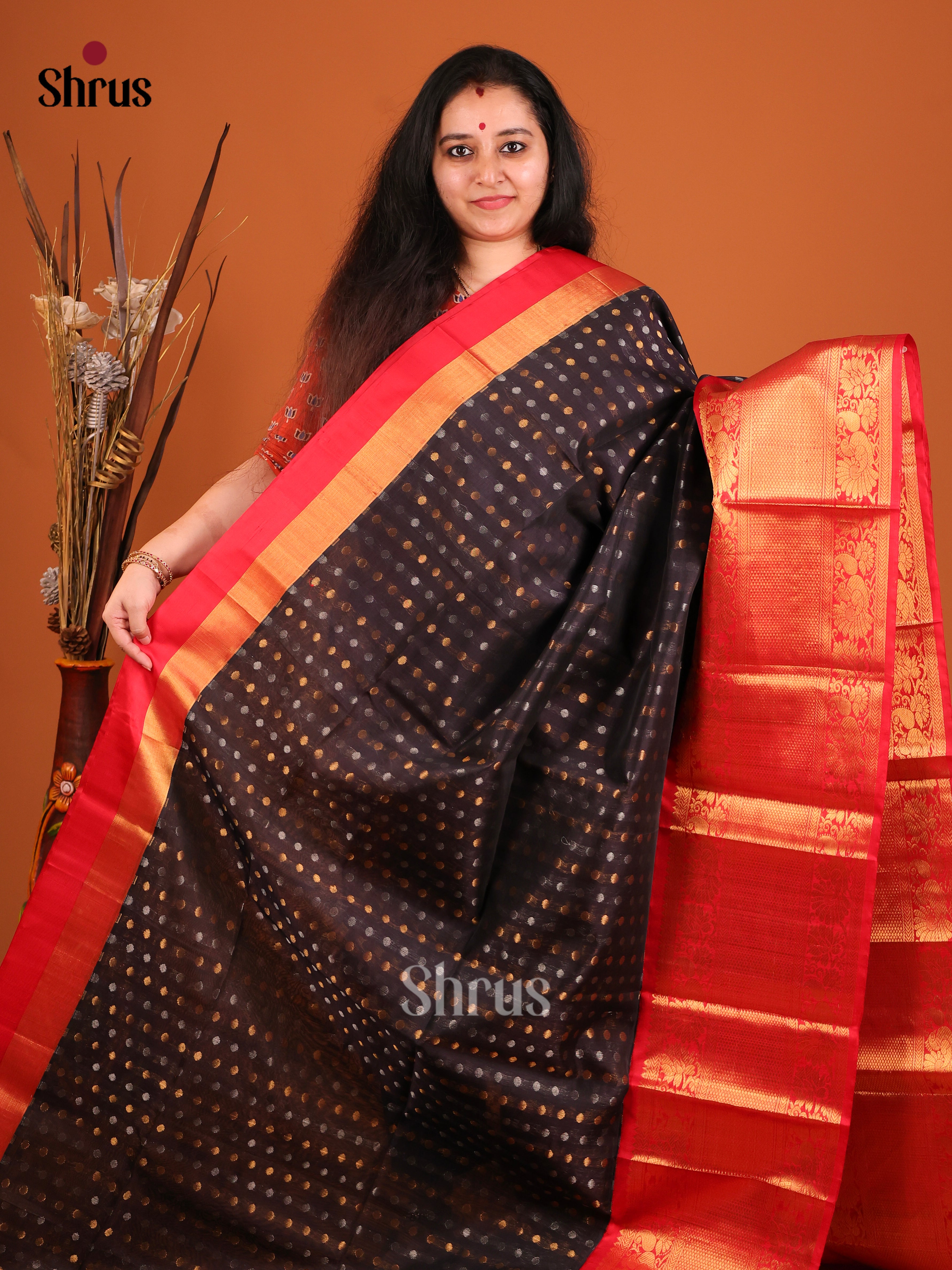 Black & Red - Silk Cotton Korvai-Big border Saree