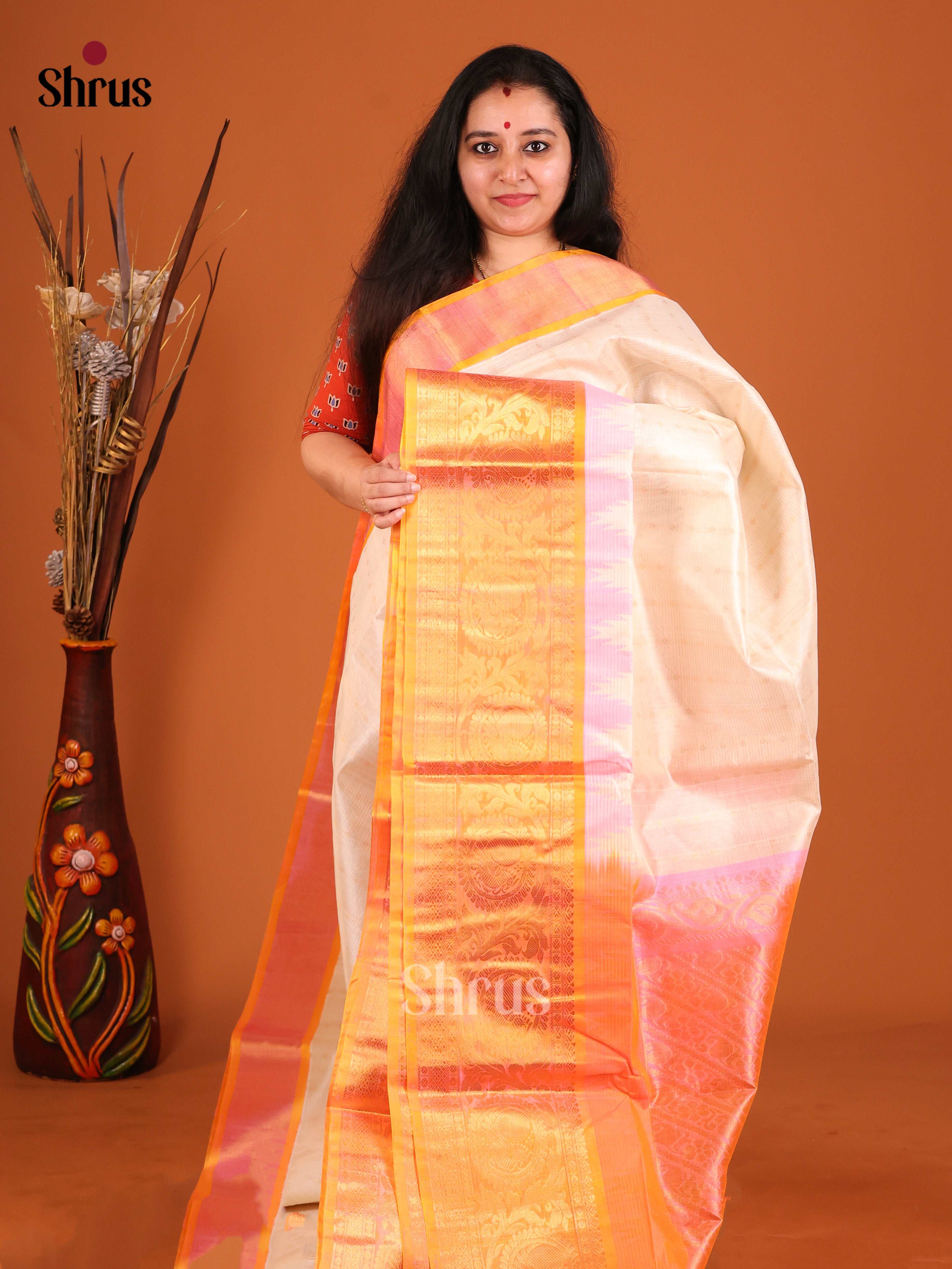 white pink Korvai Big border Saree