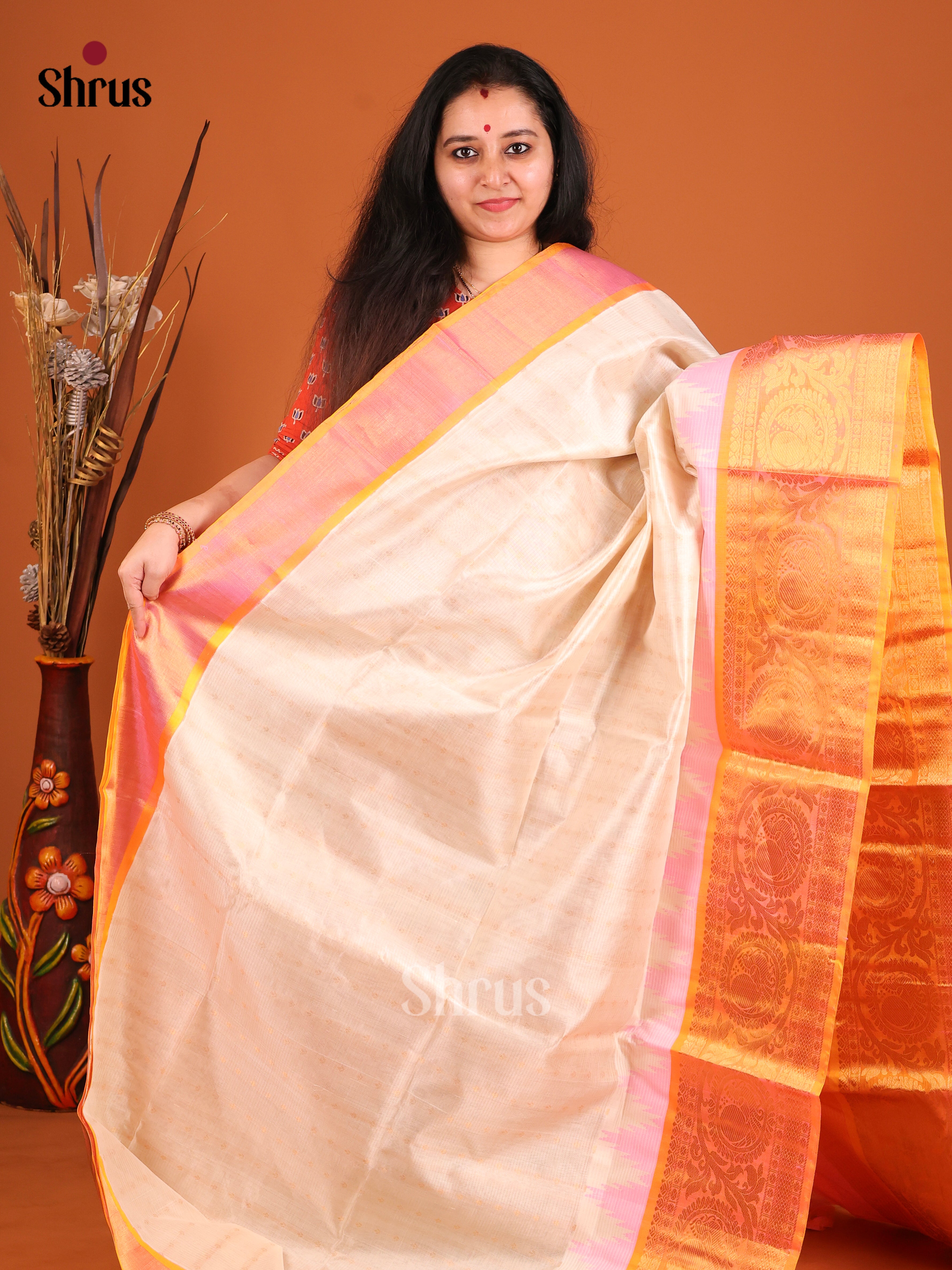 white pink Korvai Big border Saree 1