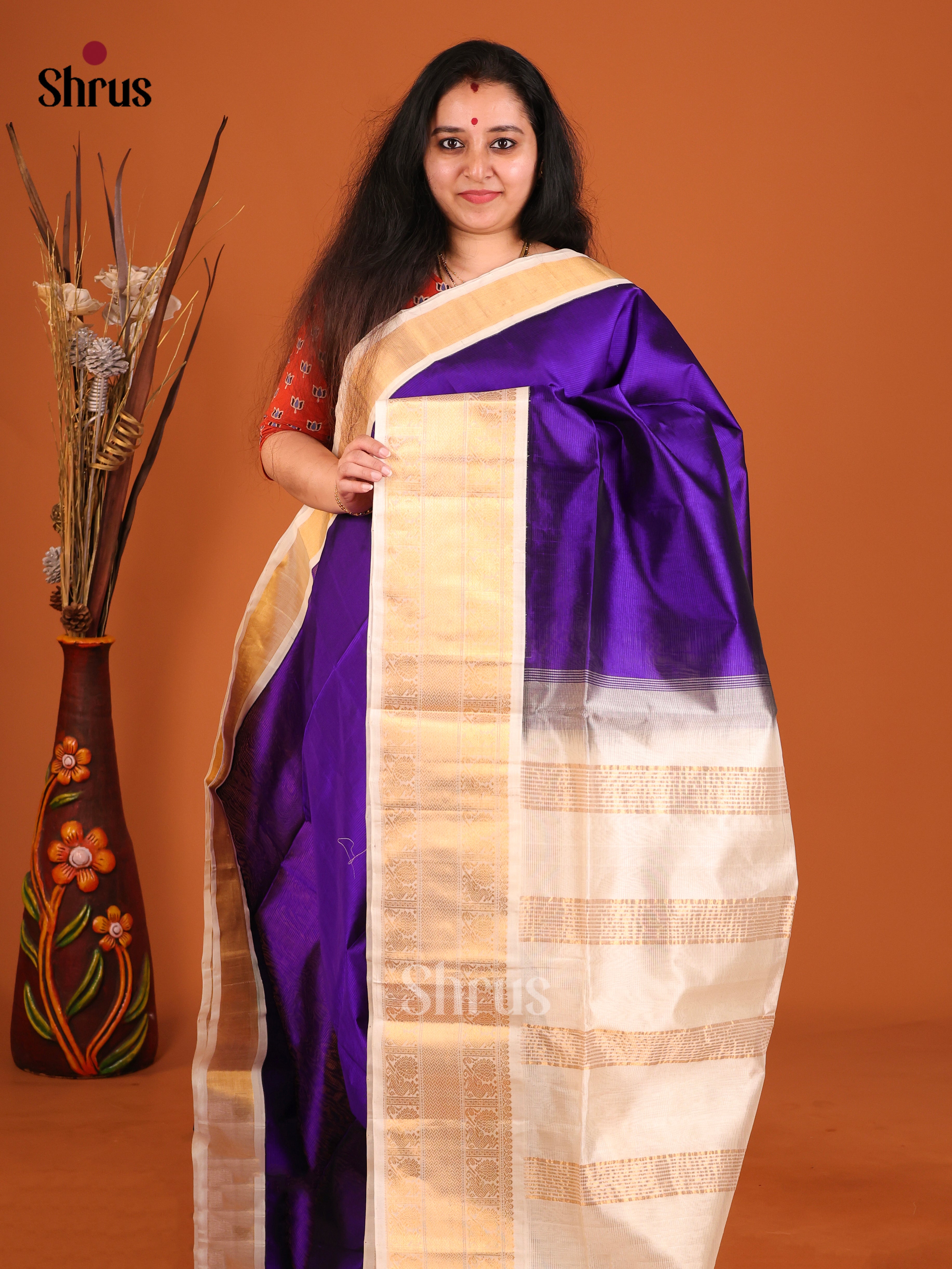 Silky Purple golden Korvai Medium border Saree
