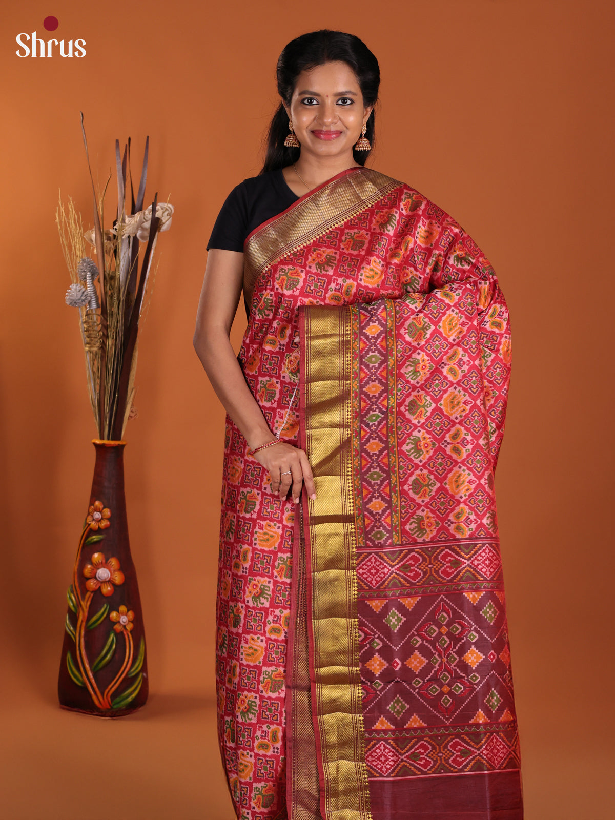 Red & Maroon- Semi Patola Saree