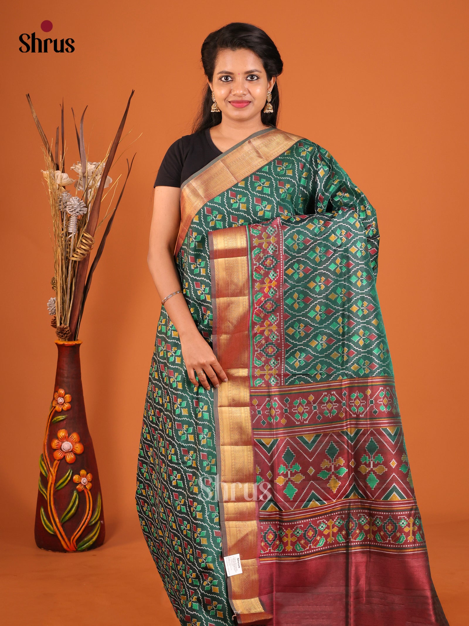 Green & Maroon- Semi Patola Saree