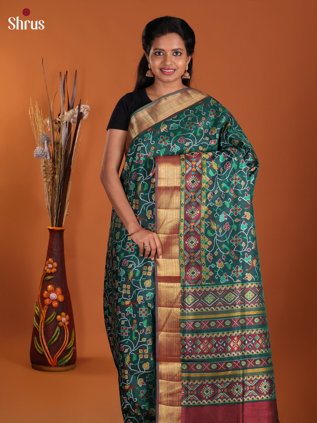 Green & Maroon - Semi Patola Saree