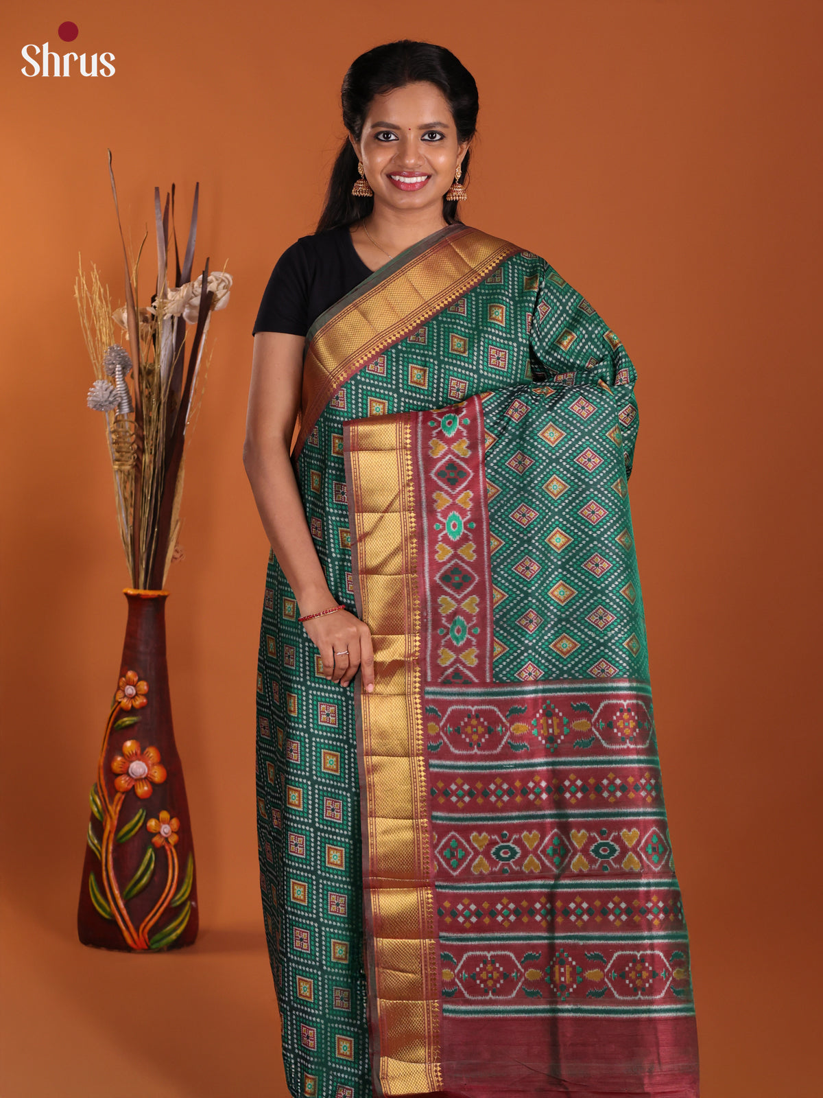 Green & Maroon - Semi Patola Saree