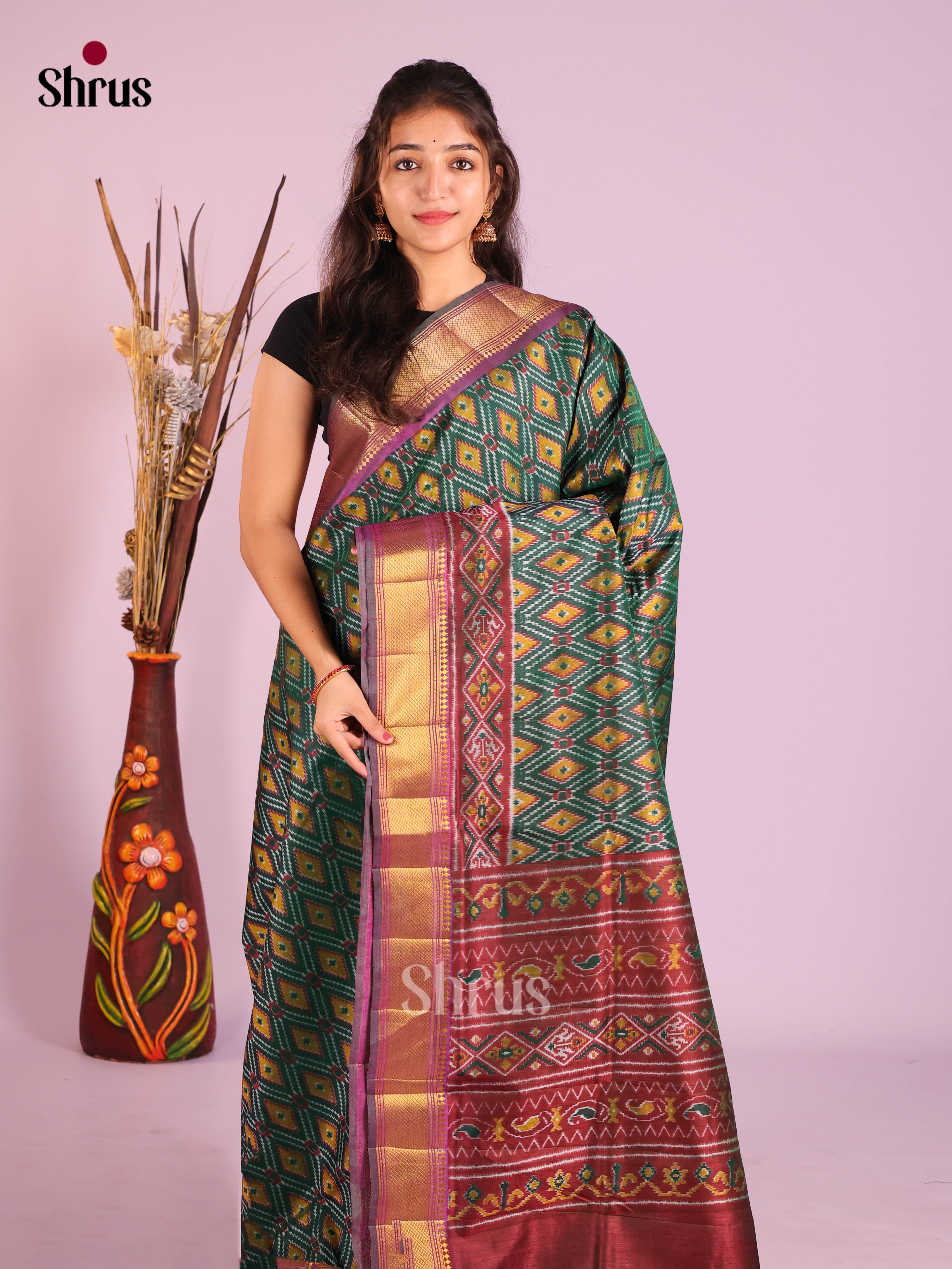 Green & Maroon - Semi Patola Saree