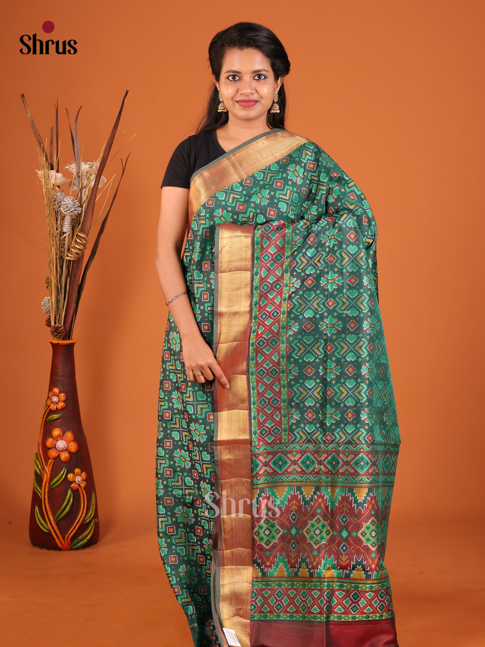 Green & Brown - Semi Patola Saree