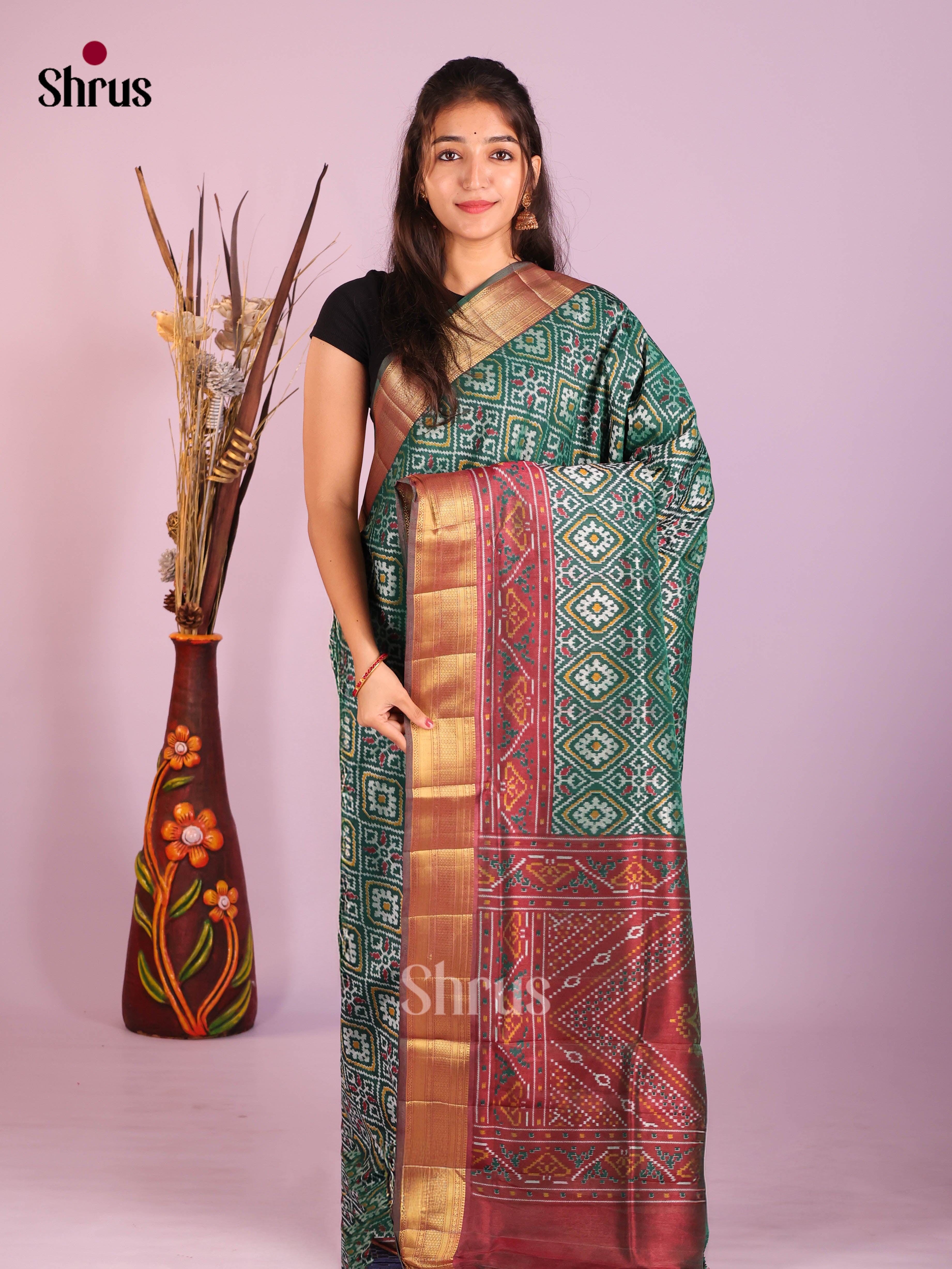 Green & Brown- Semi Patola Saree