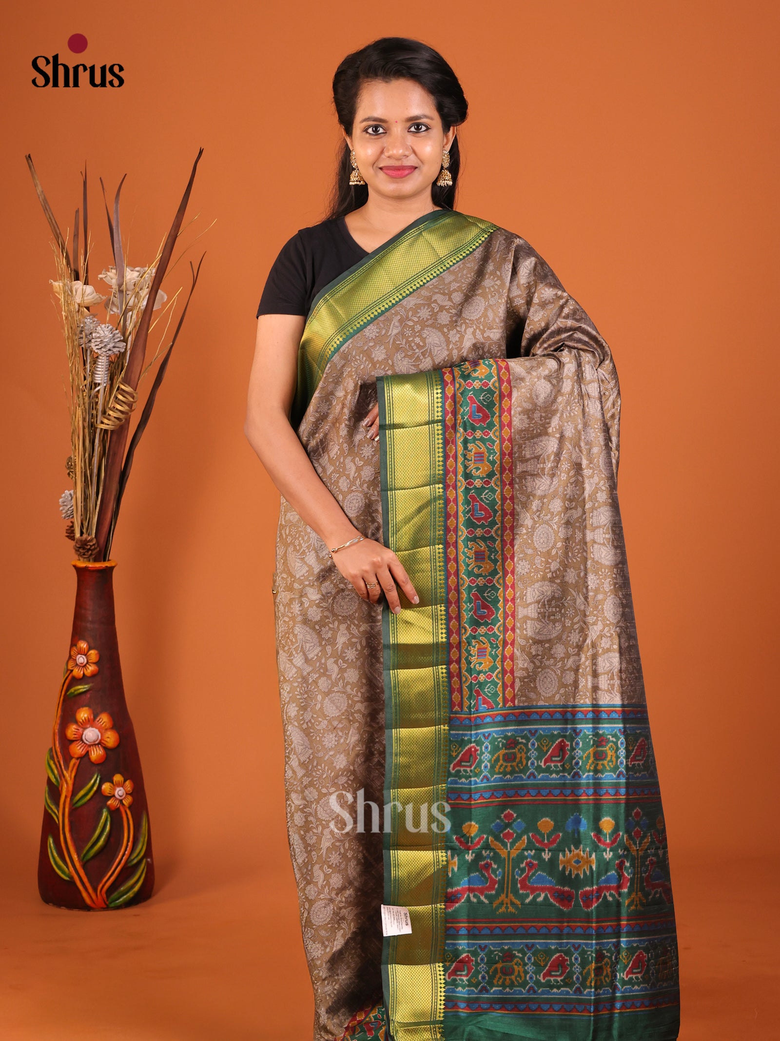 Grey & Green - Semi Patola Saree