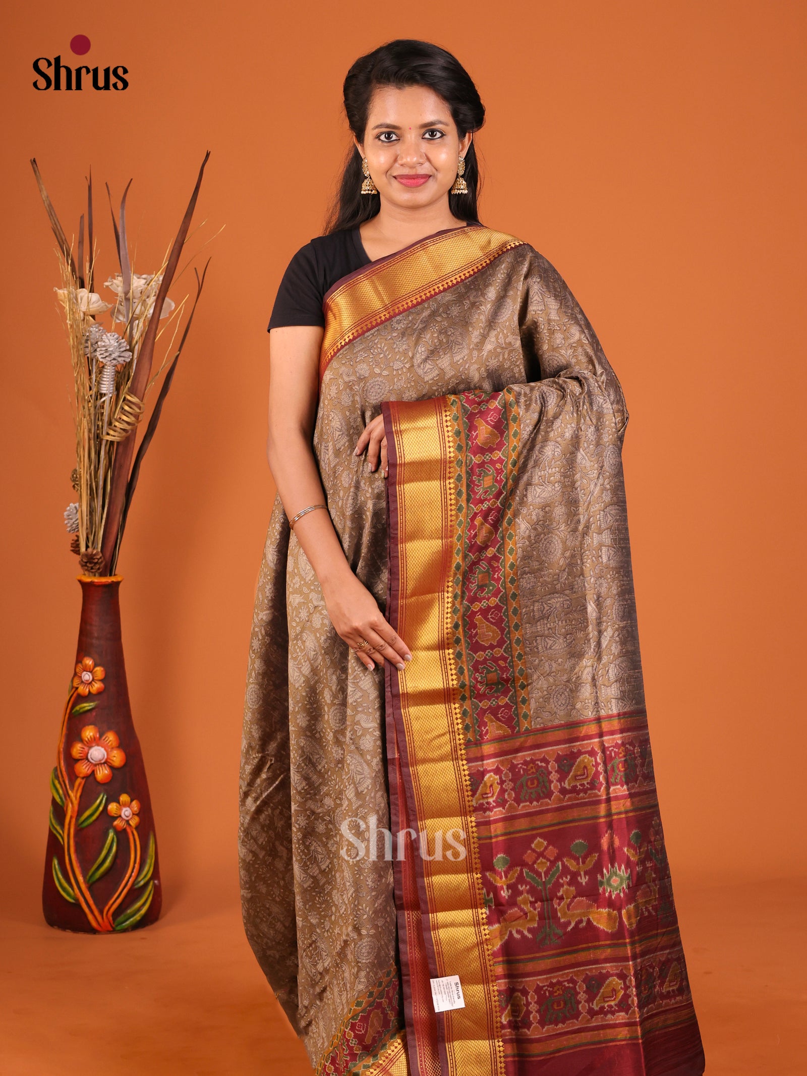 Brown & Maroon - Semi Patola Saree