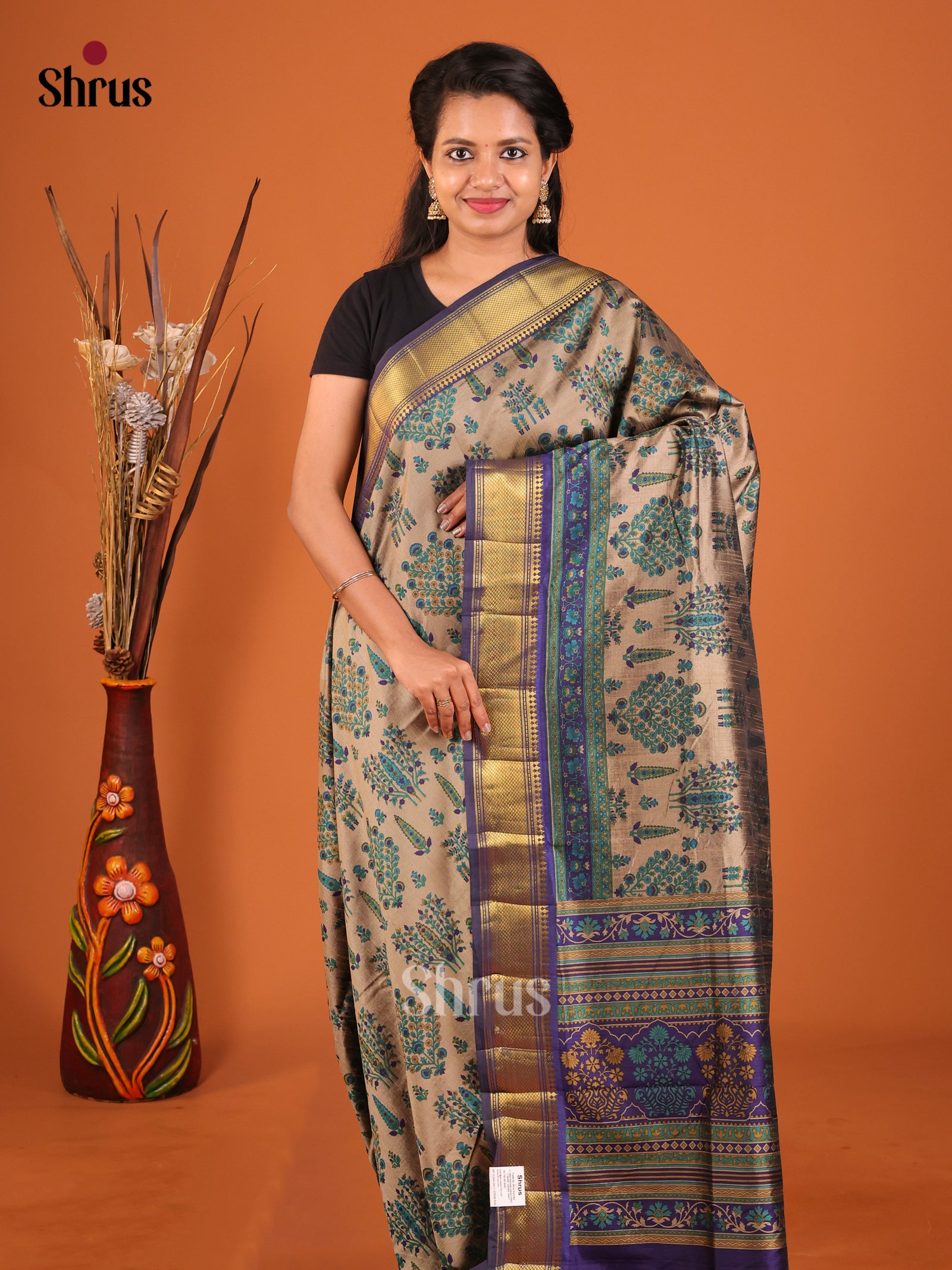 Grey & Blue - Semi Patola Saree