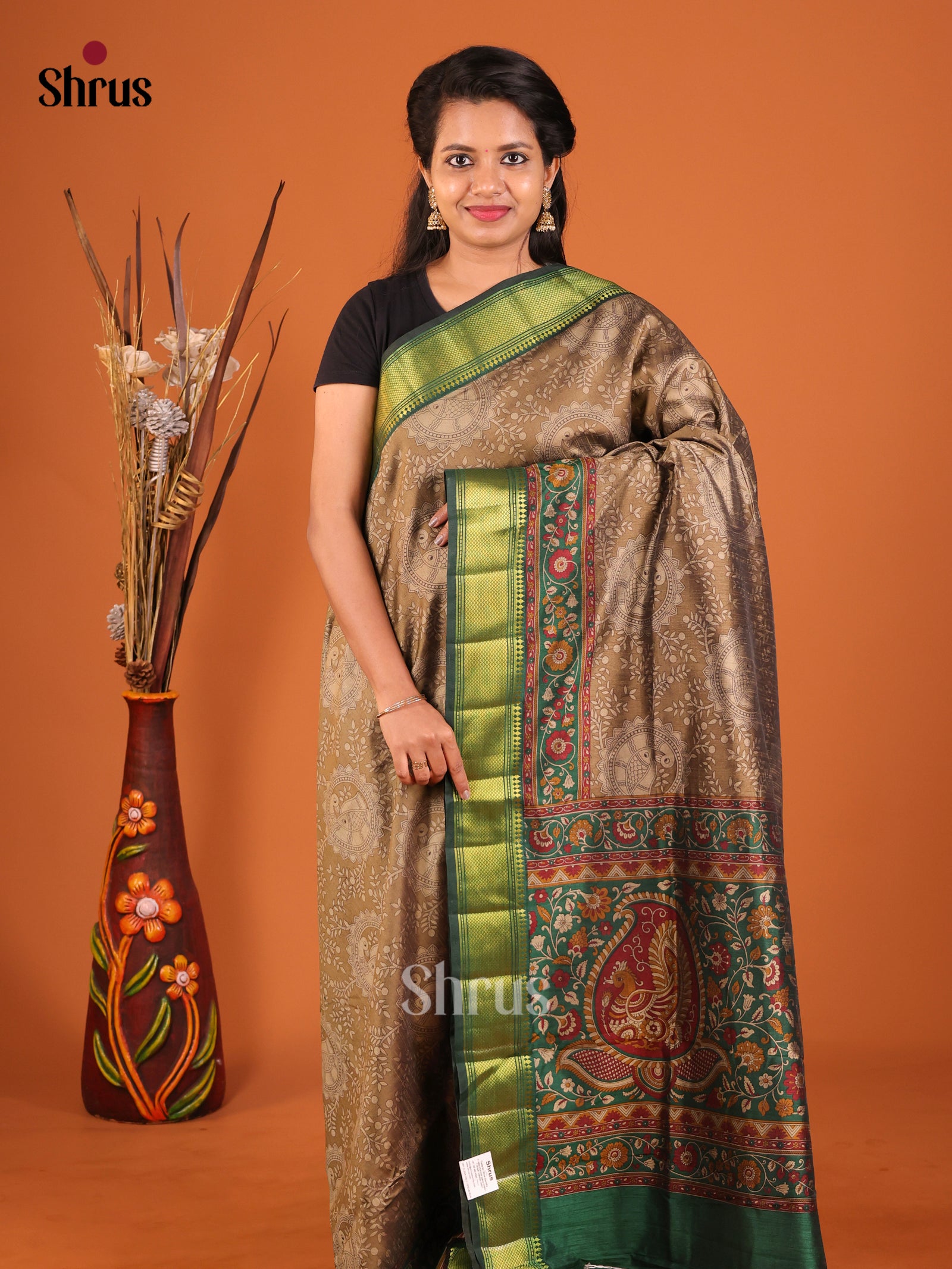 Light brown & Green - Semi Patola Saree
