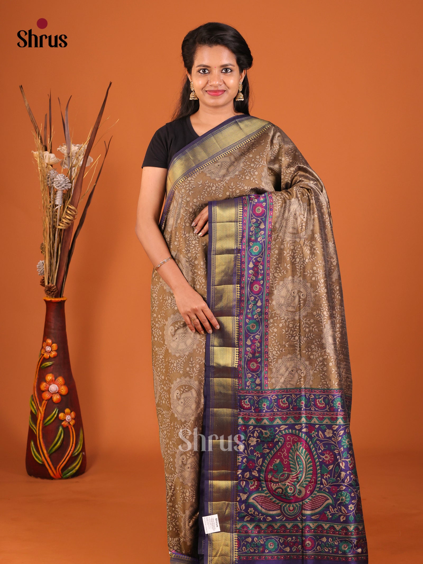 Light Brown & Blue - Semi Patola Saree