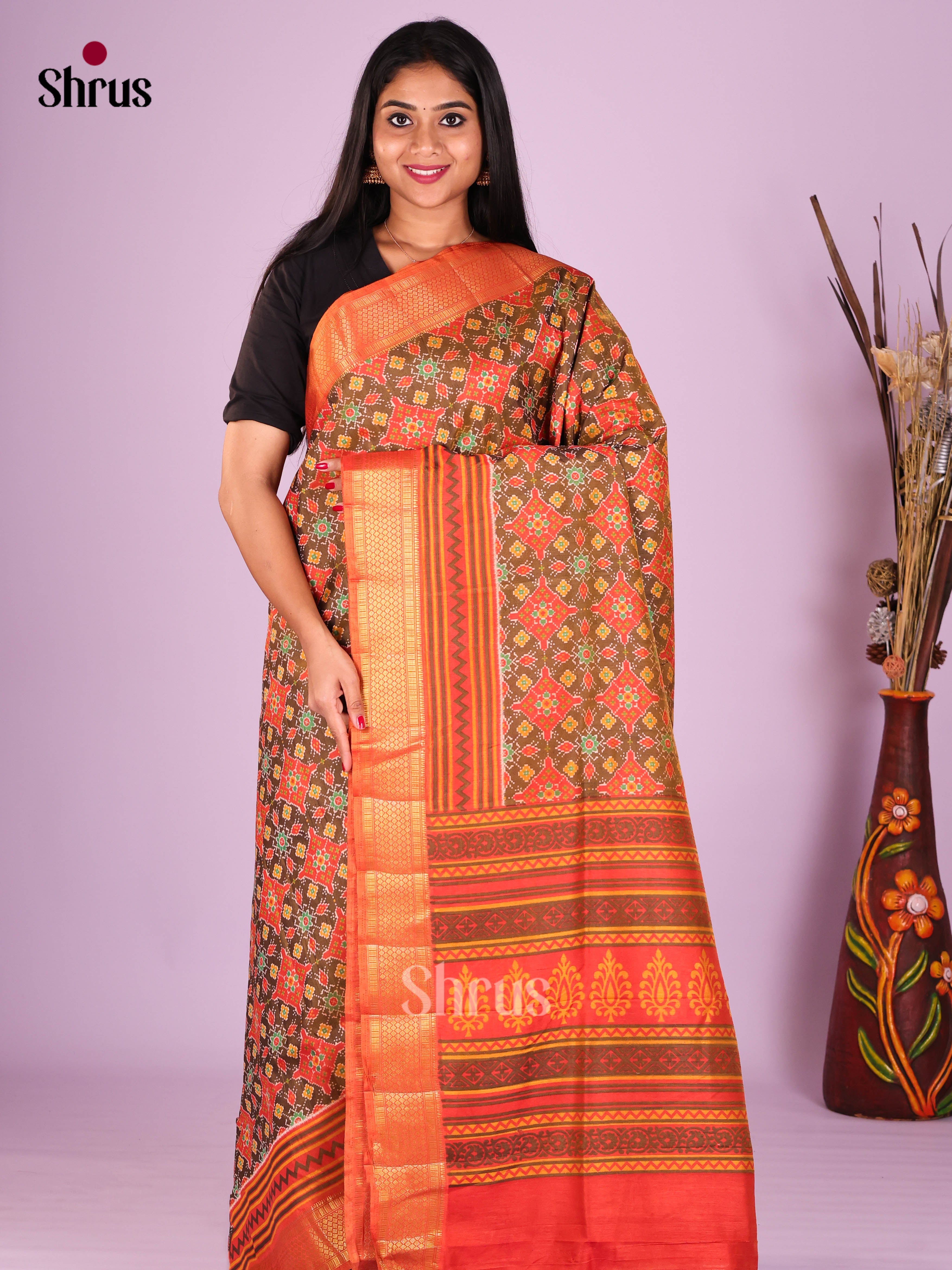 Orange & Green- Semi Patola Saree