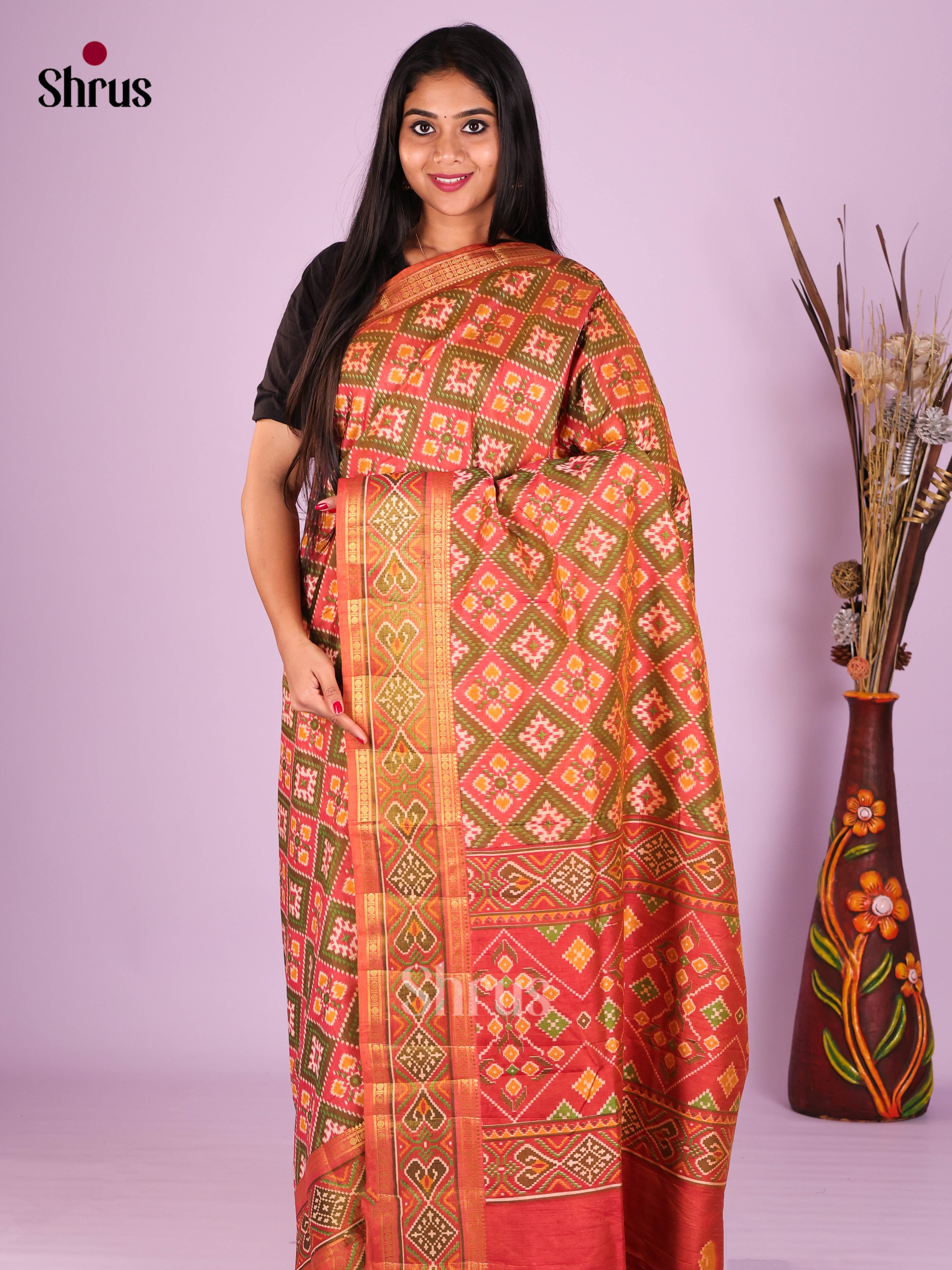 Orange & Green - Semi Patola Saree
