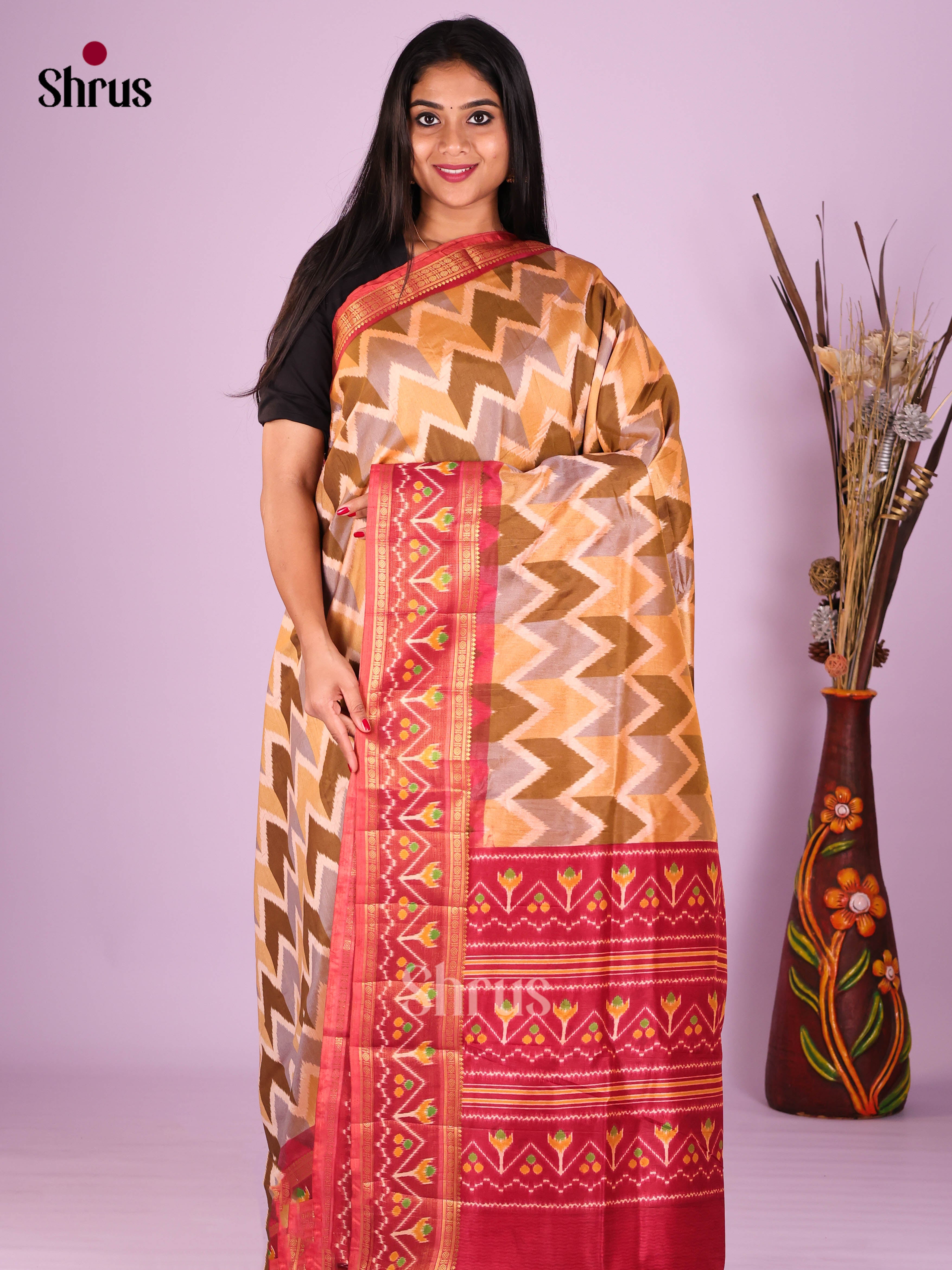 Beige & Maroon - Semi Patola Saree