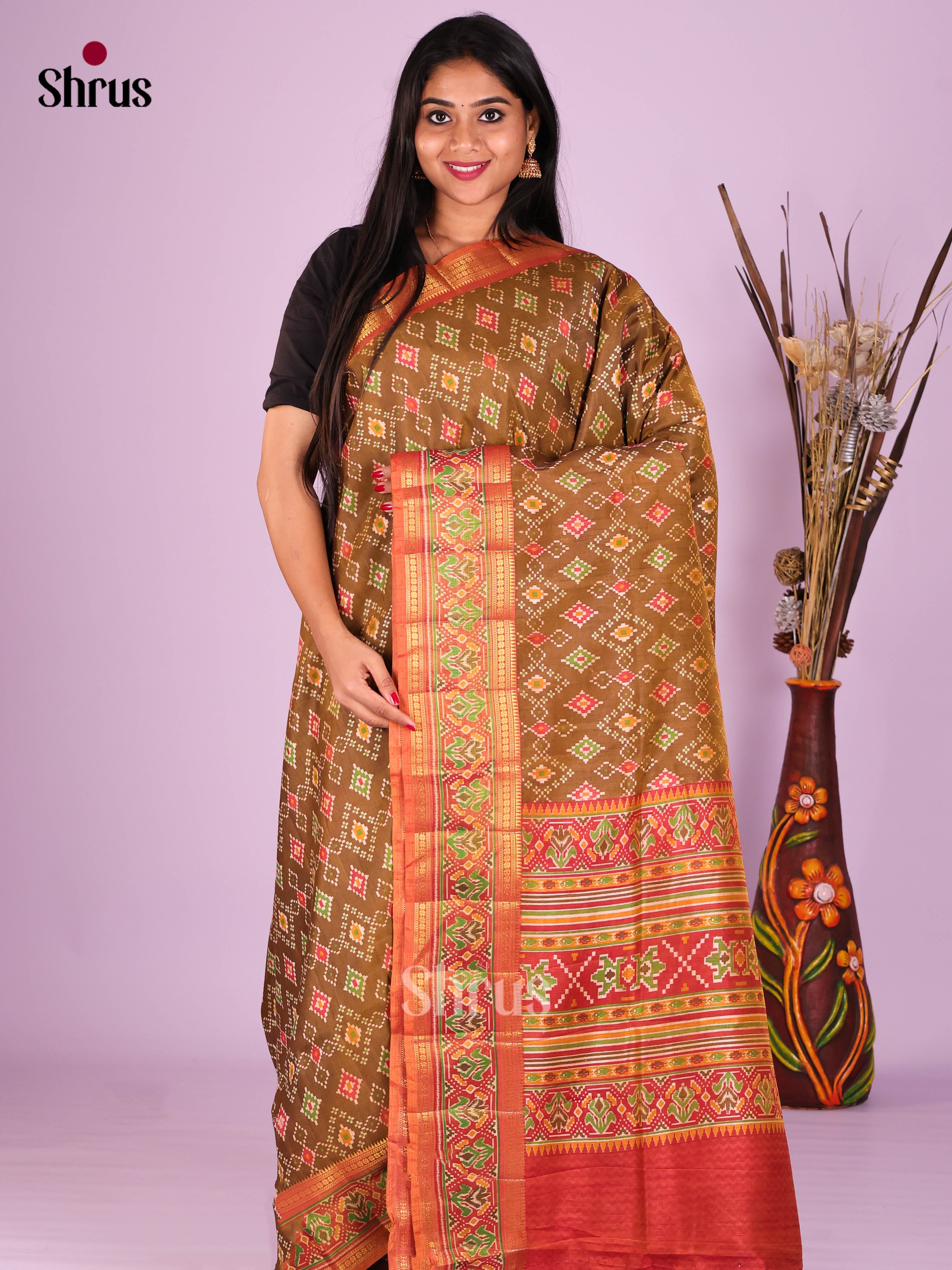 Dark Mustard & Brick- Semi Patola Saree