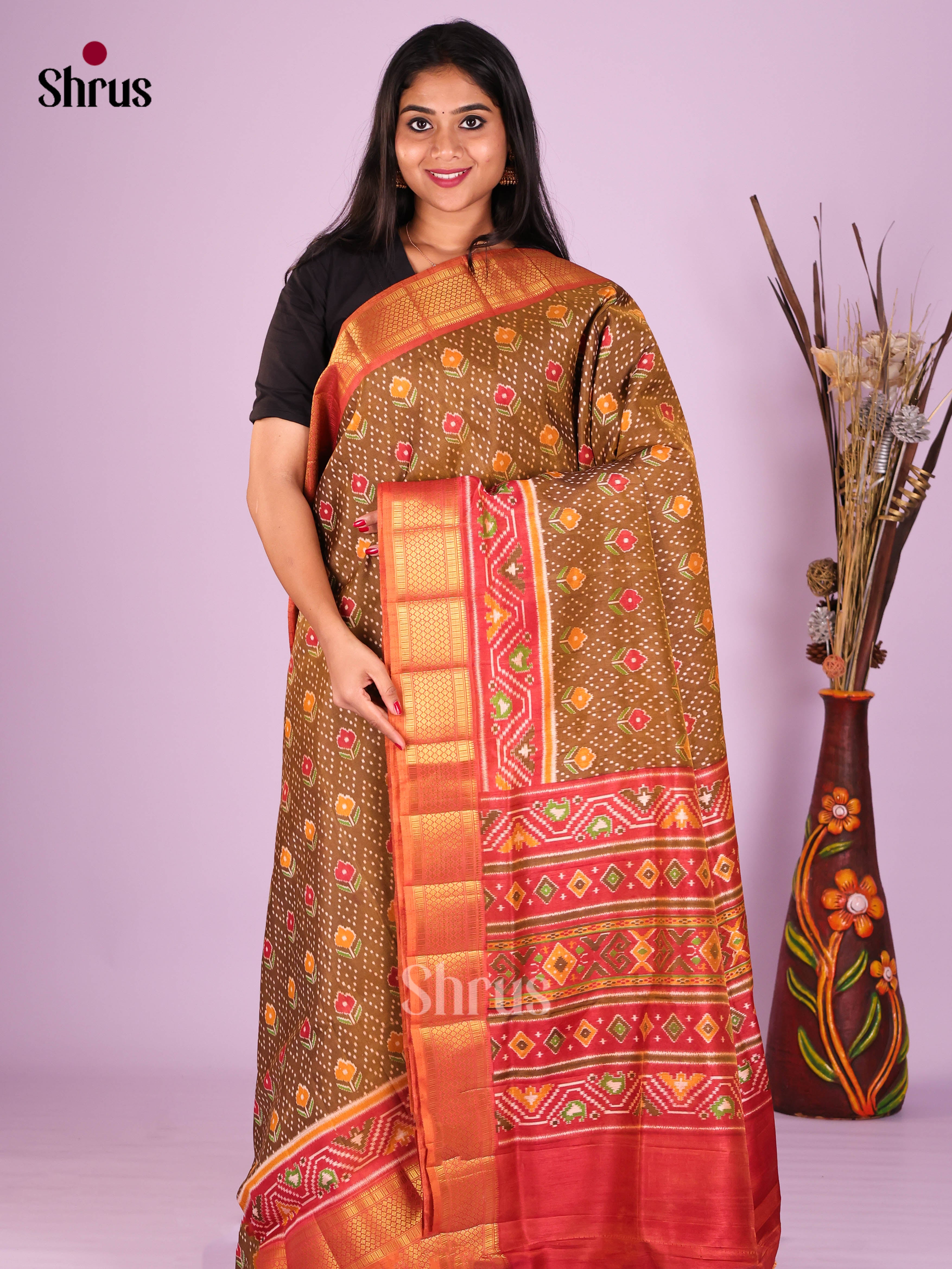 Dark Mustard & Brick - Semi Patola Saree