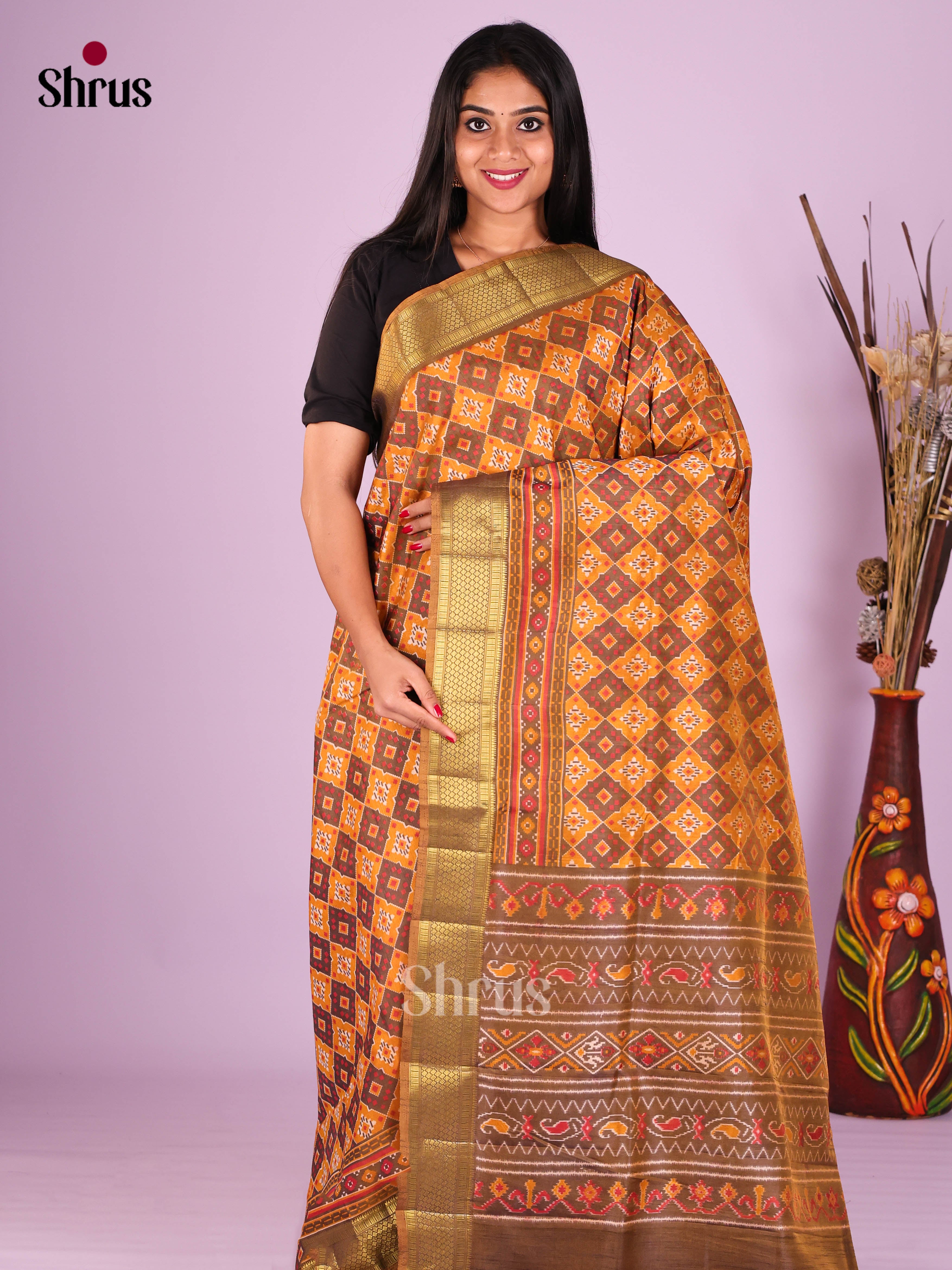 Dark Mustard & Brown - Semi Patola Saree