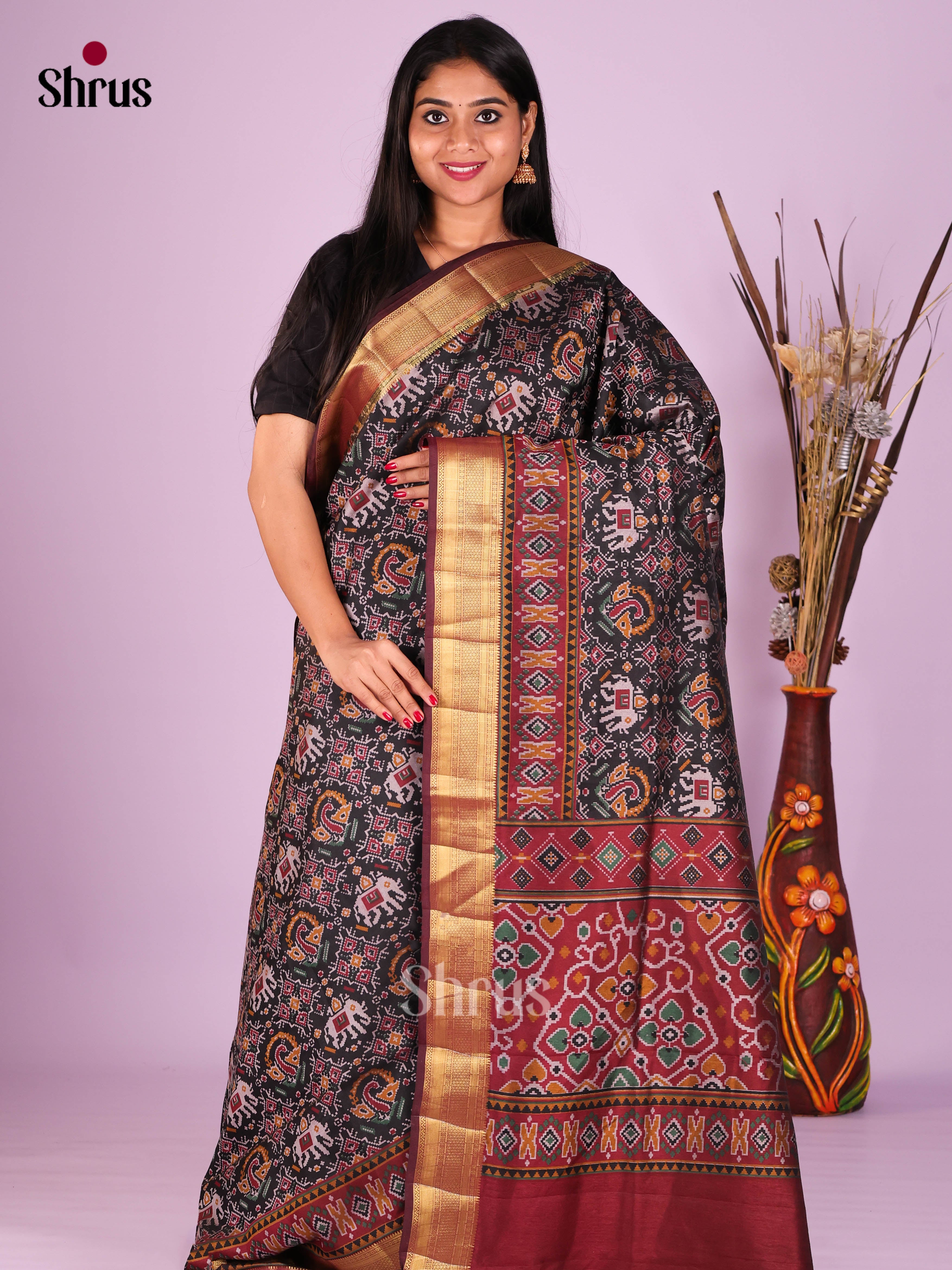 Black & Maroon- Semi Patola Saree