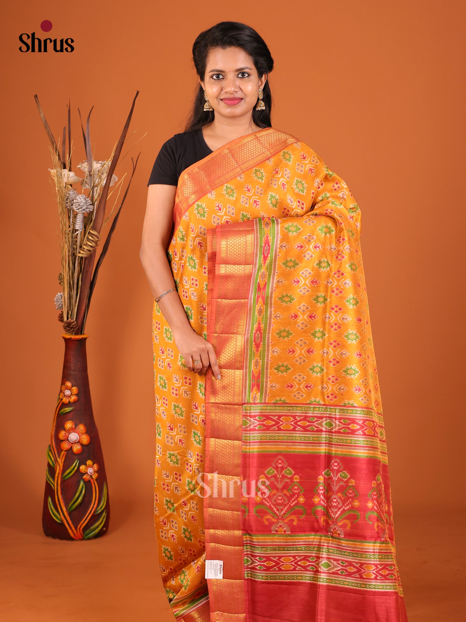 Mustard & Maroon- Semi Patola Saree