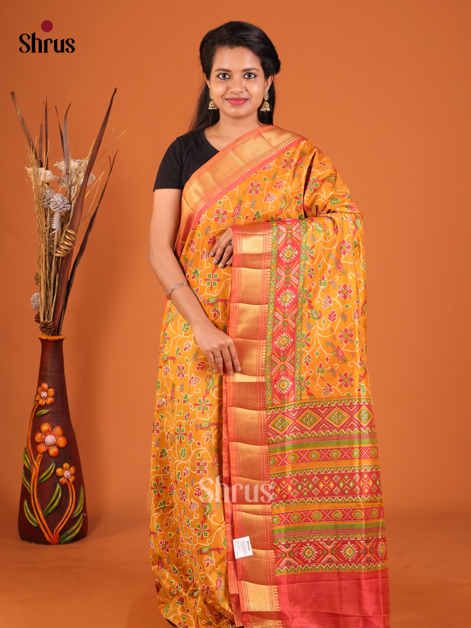 Mustard & Maroon - Semi Patola Saree