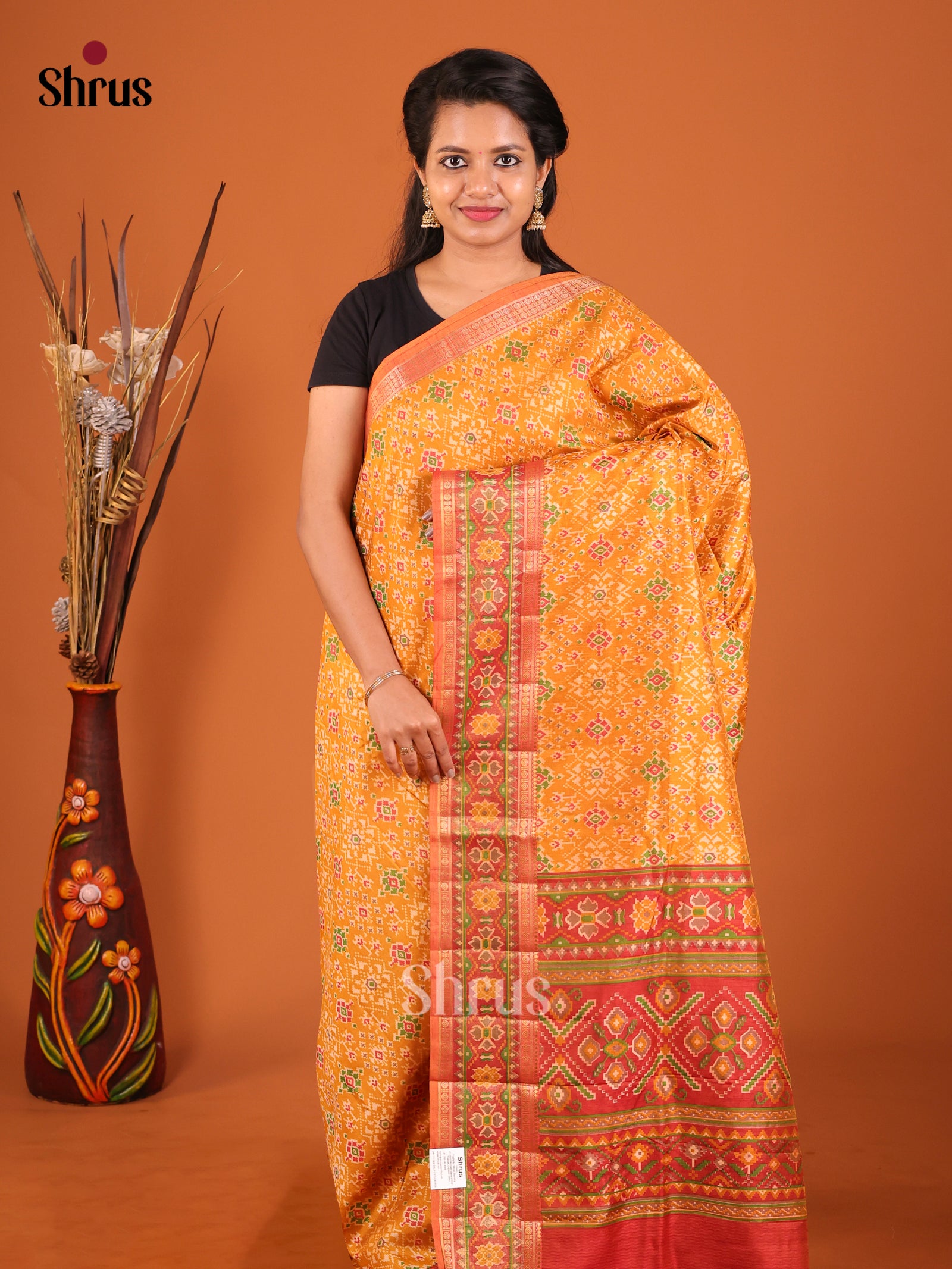 mustard & Maroon - Semi Patola Saree