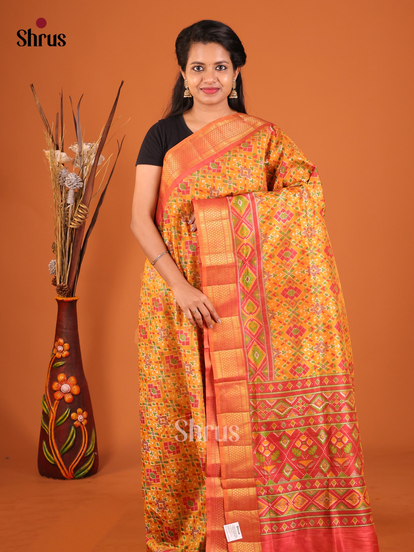 Mustard & Maroon- Semi Patola Saree