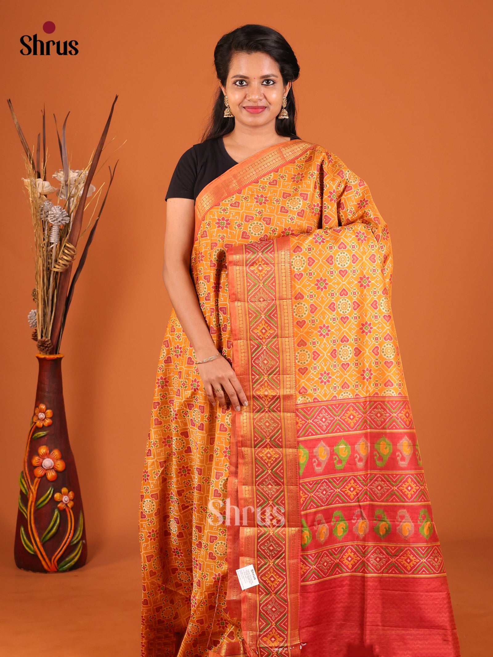 Mustard & Maroon - Semi Patola Saree