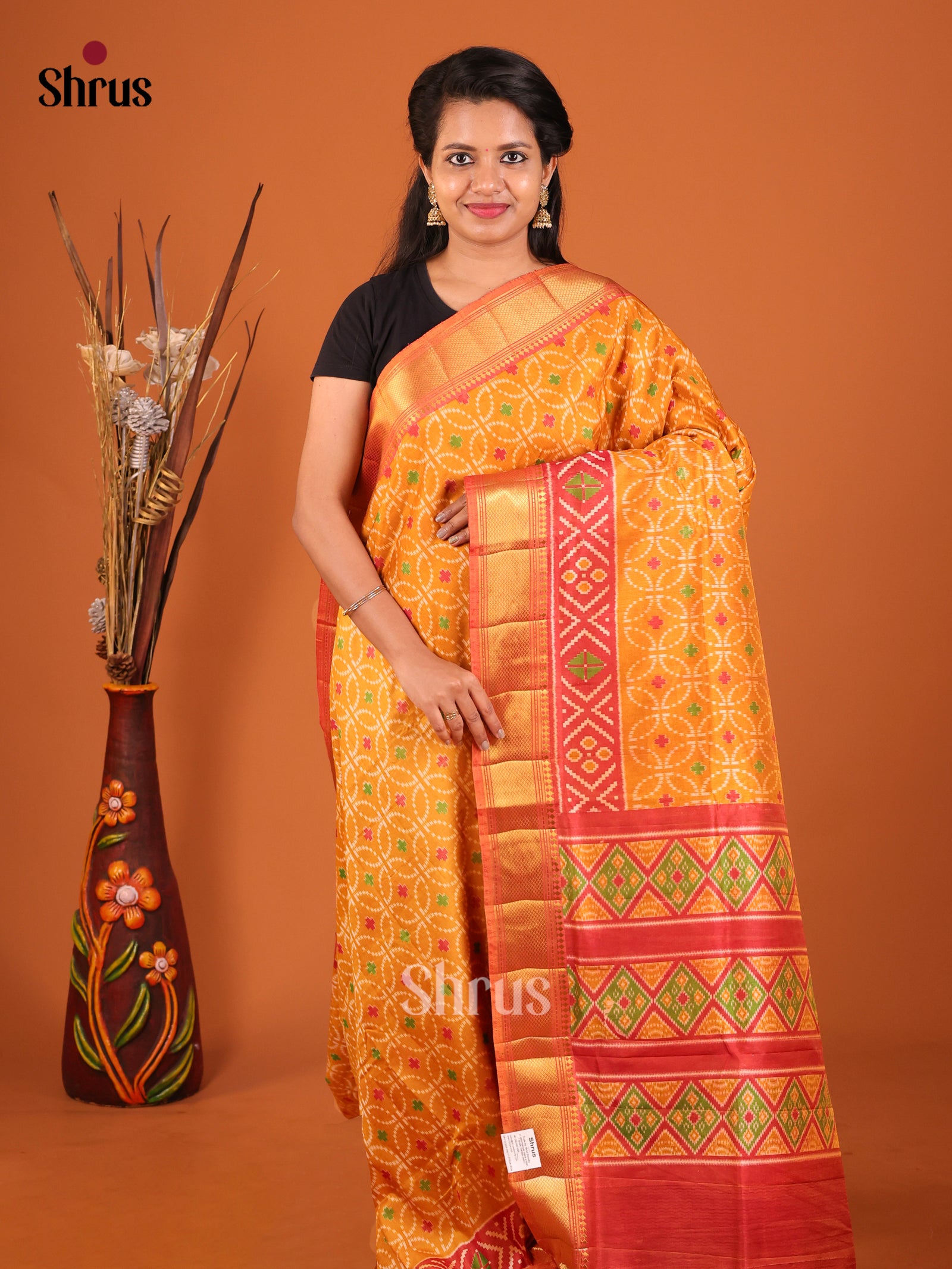 Mustard & Maroon - Semi Patola Saree