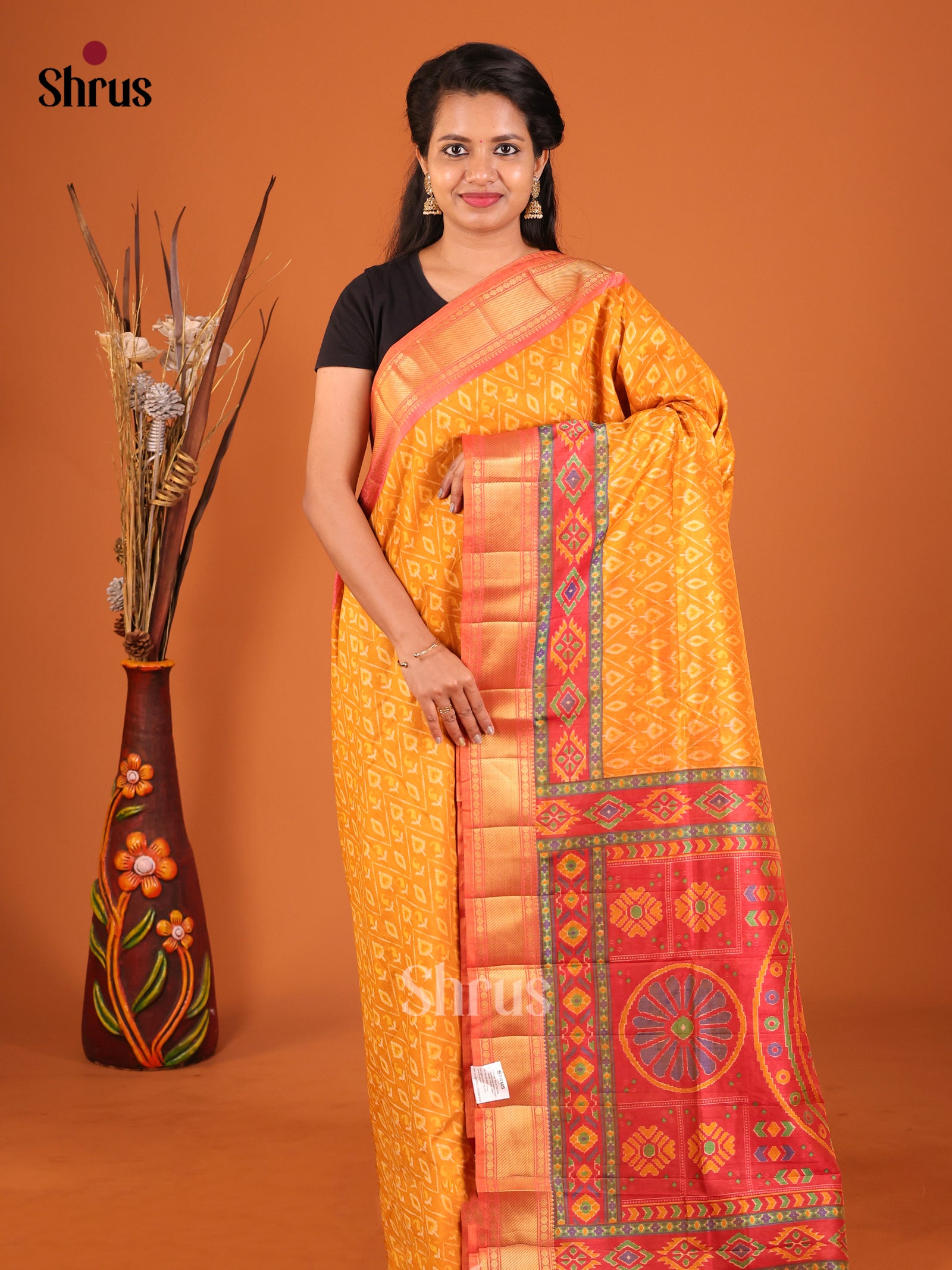 Mustard & Maroon - Semi Patola Saree