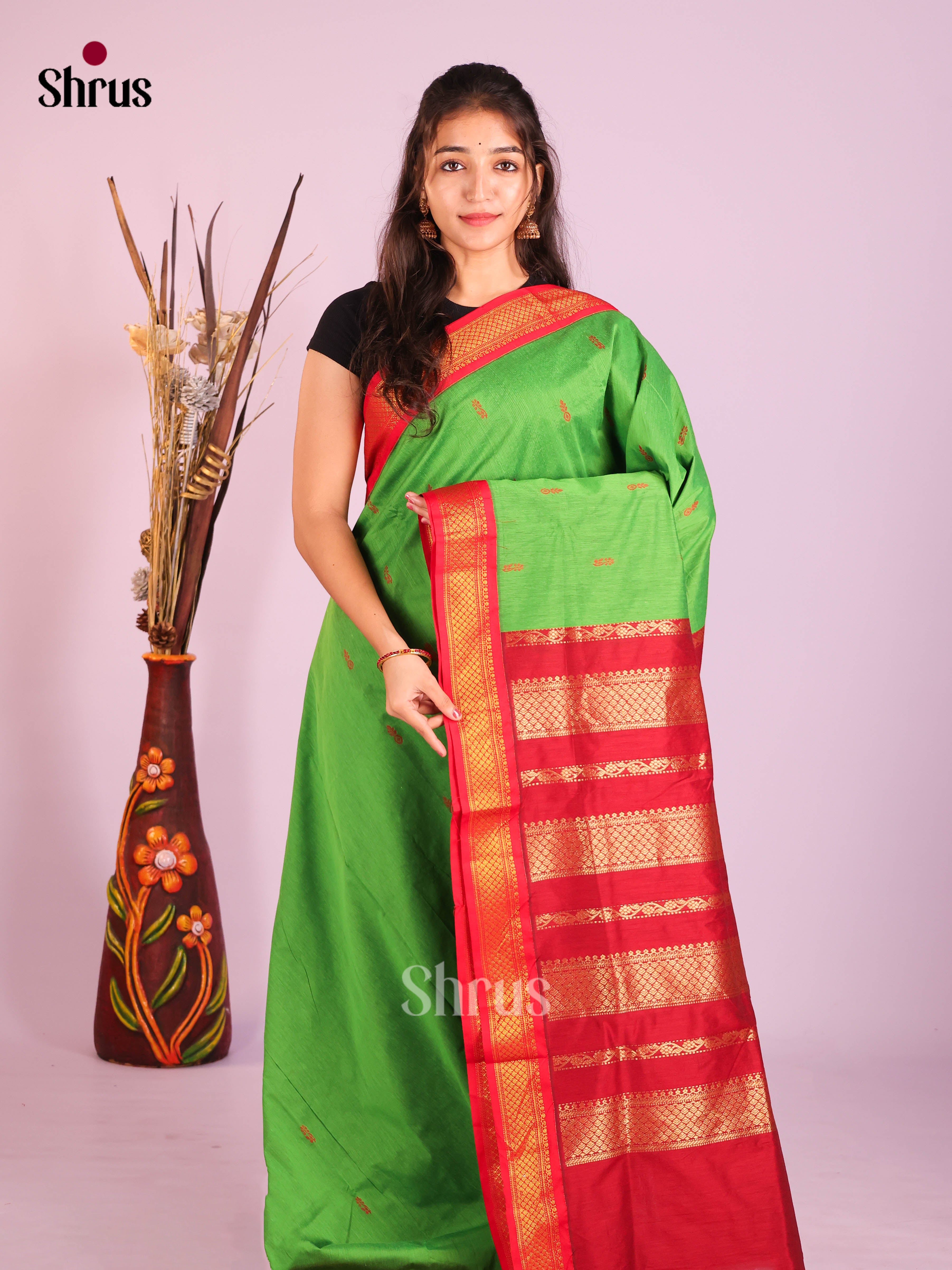 Light Green & Red - Kalyani Cotton Saree