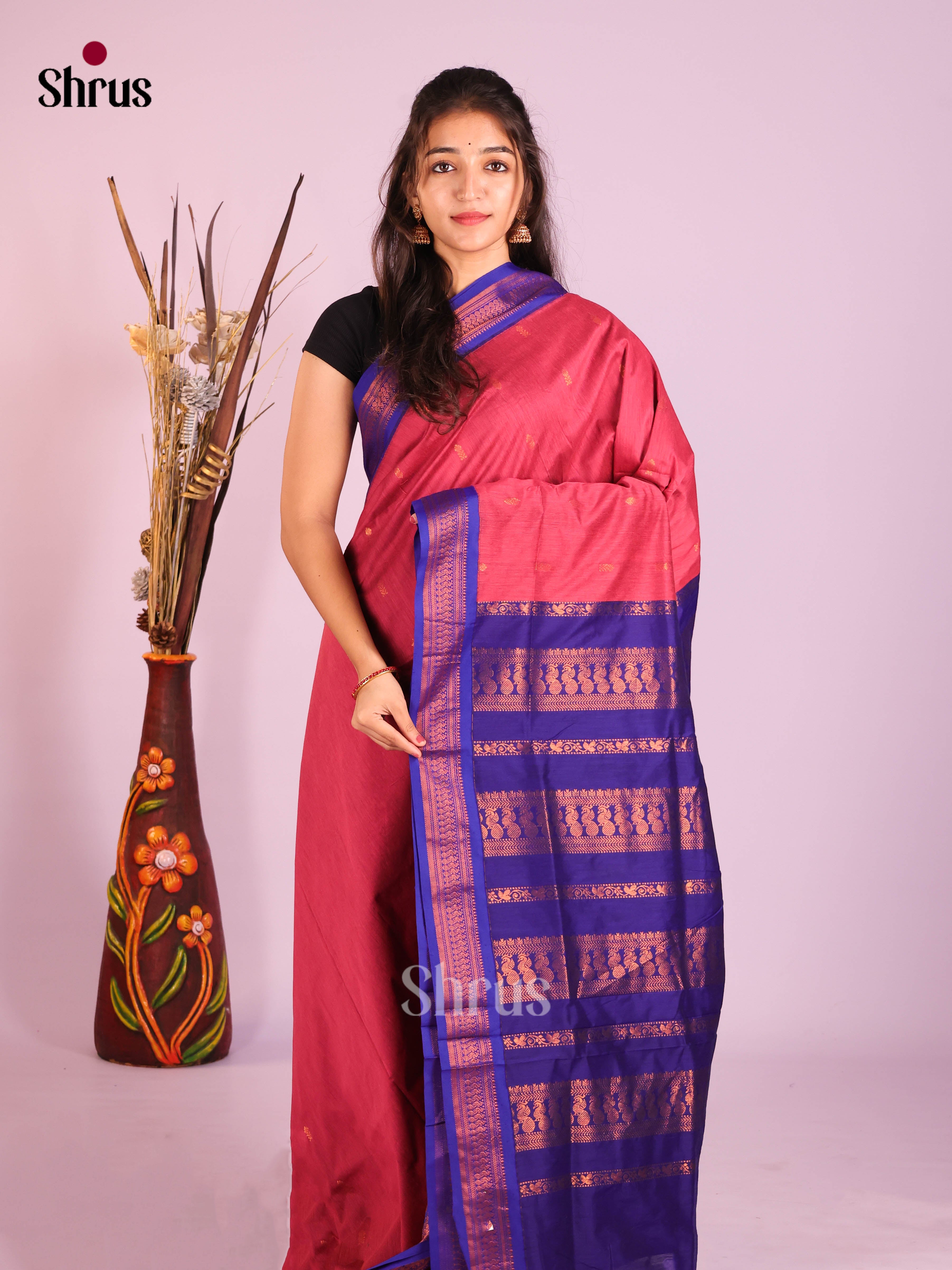 Reddish Pink & Blue - Kalyani Cotton Saree