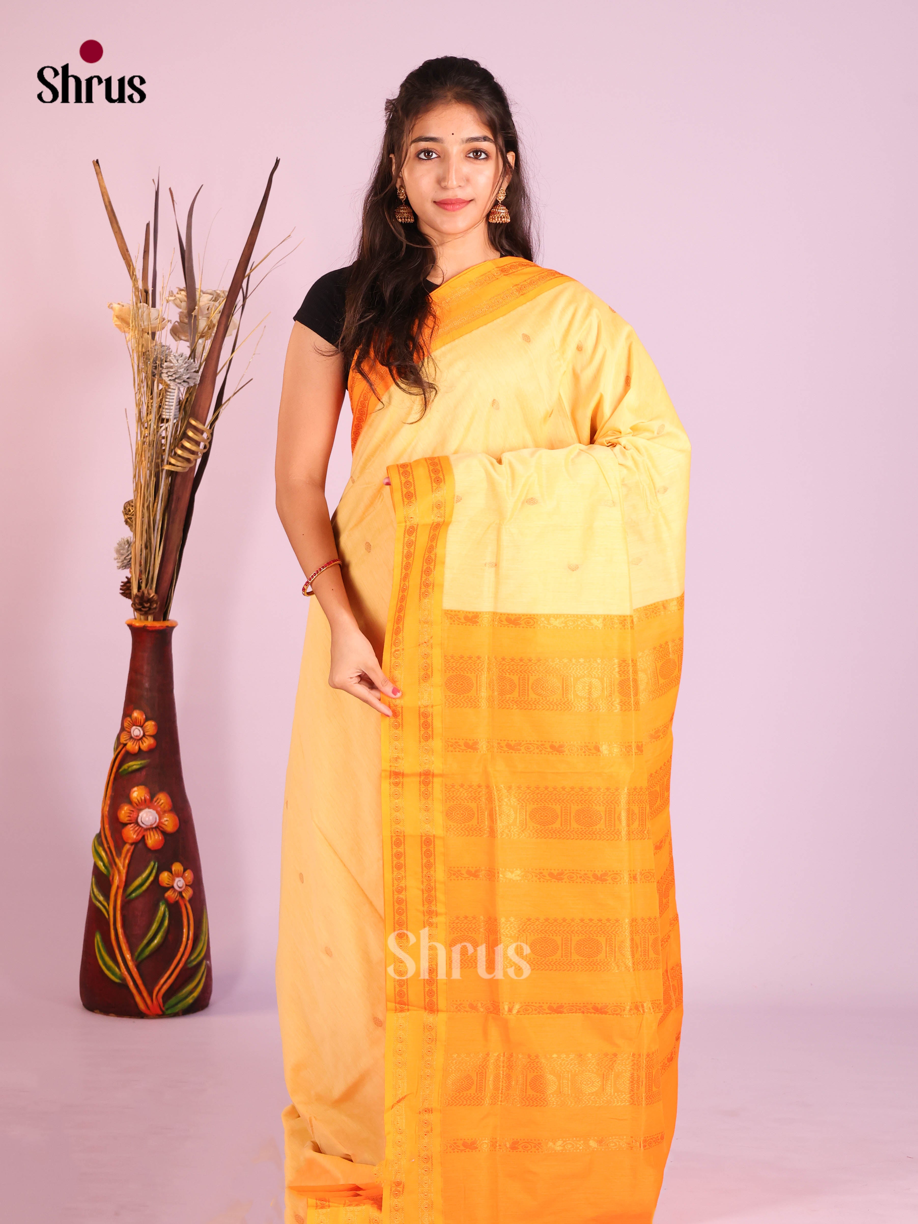 Cream & Orange - Kalyani Cotton Saree