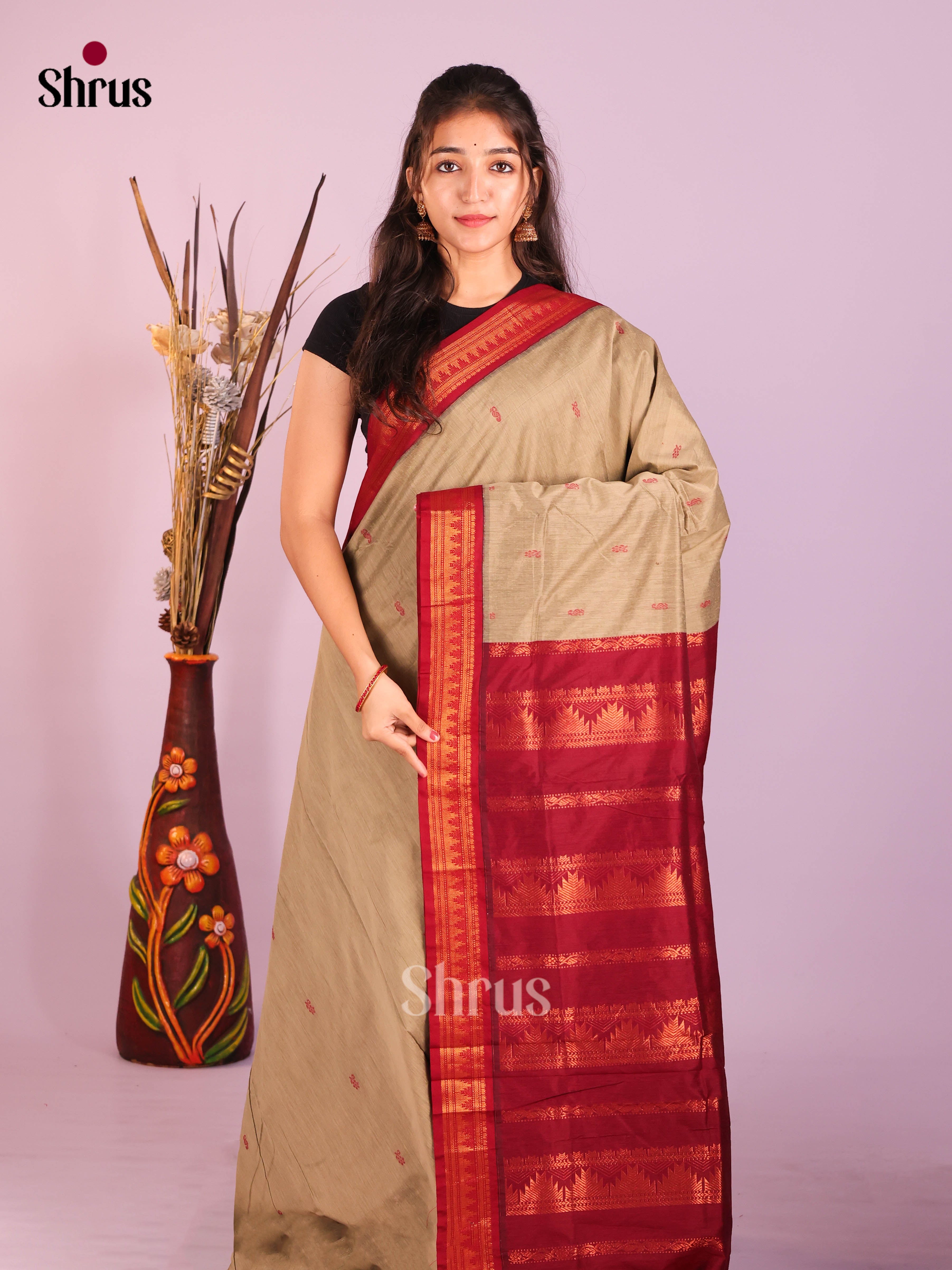 Grey & Maroon- Kalyani Cotton Saree - Shop on Shrus.com